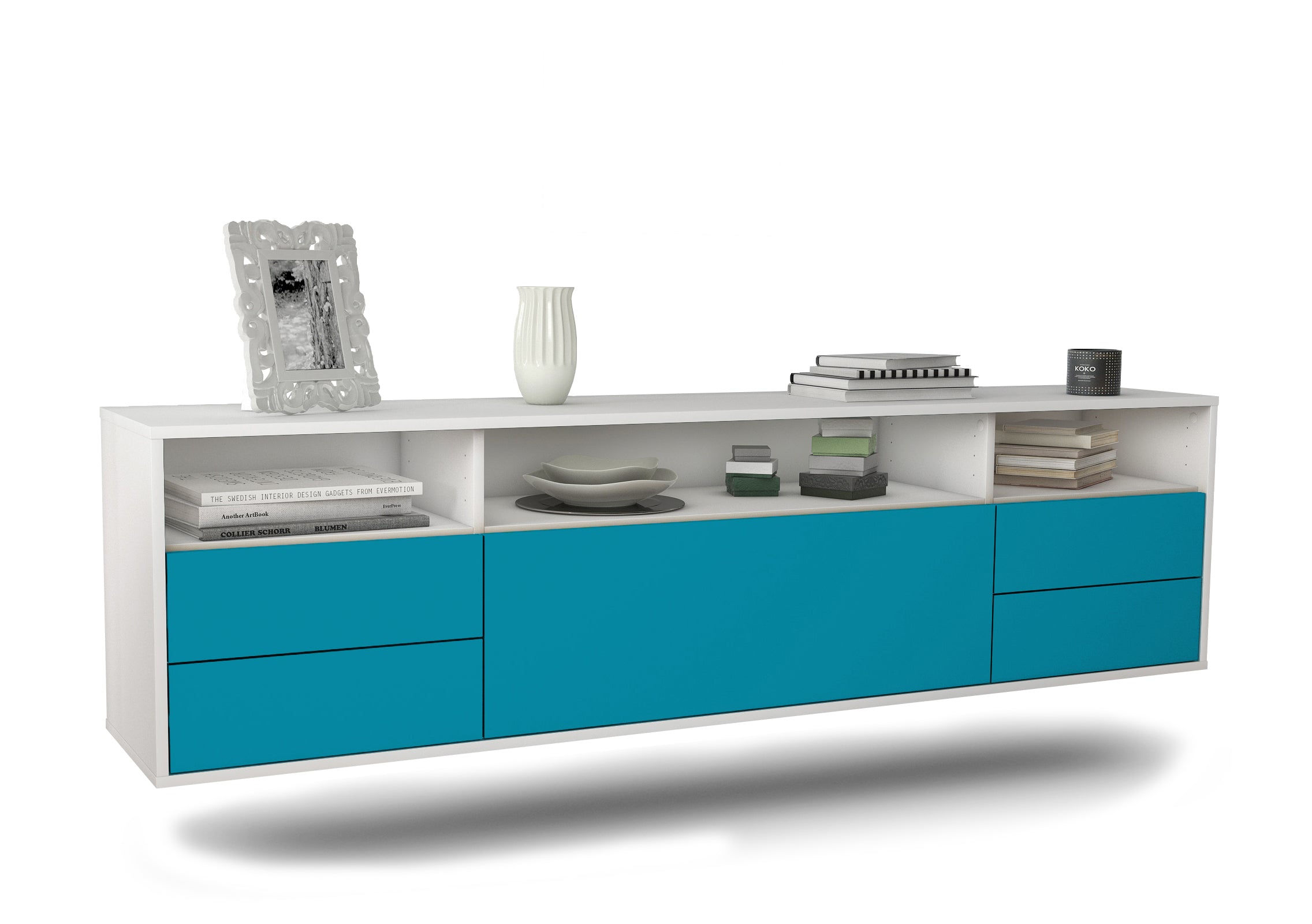 Lowboard - Bella - Design Farbakzent - Wandmontage mit Push to Open 180 cm Weiss