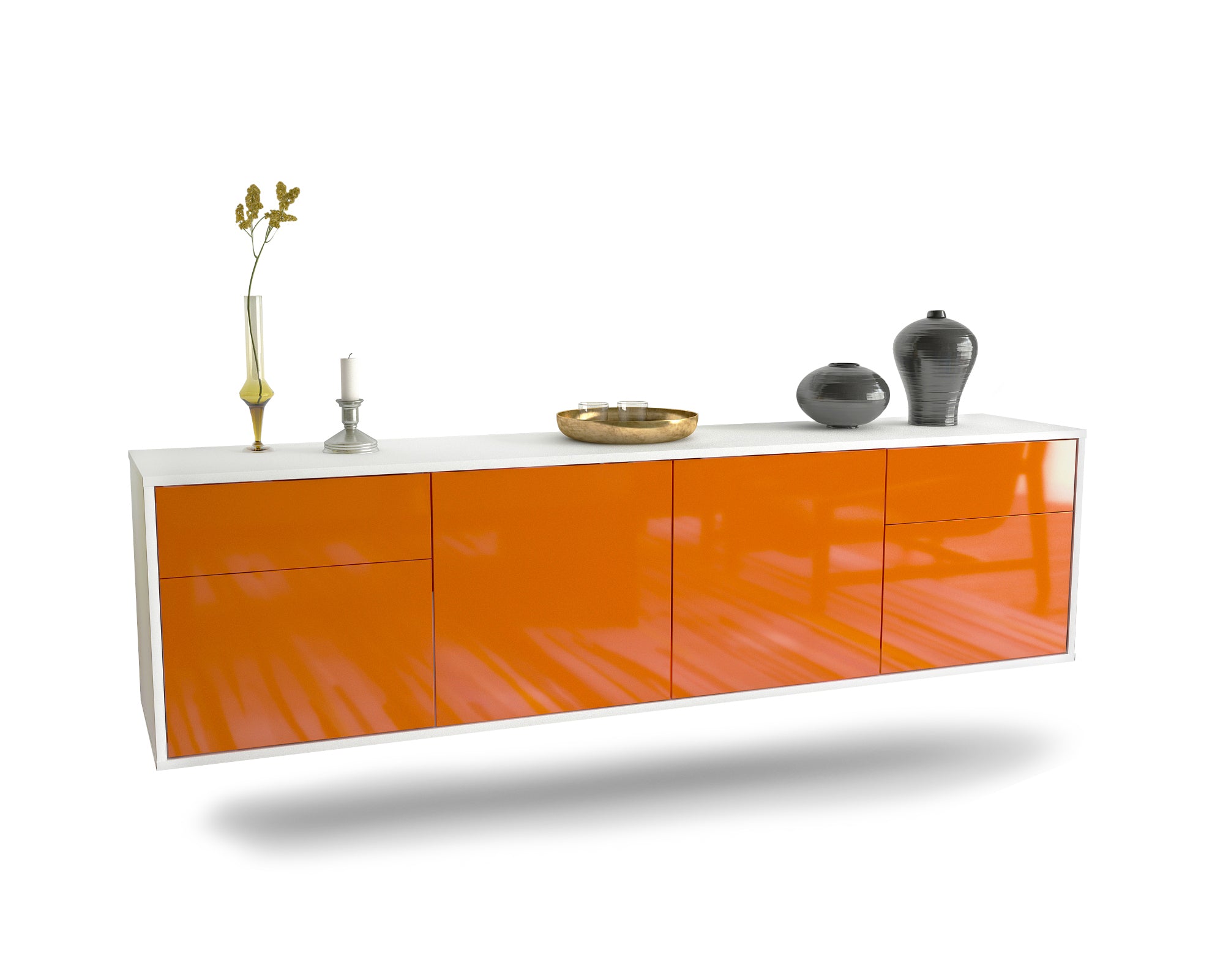 Lowboard - Benedetta - Design Hochglanz - Wandmontage mit Push to Open 180 cm Weiss