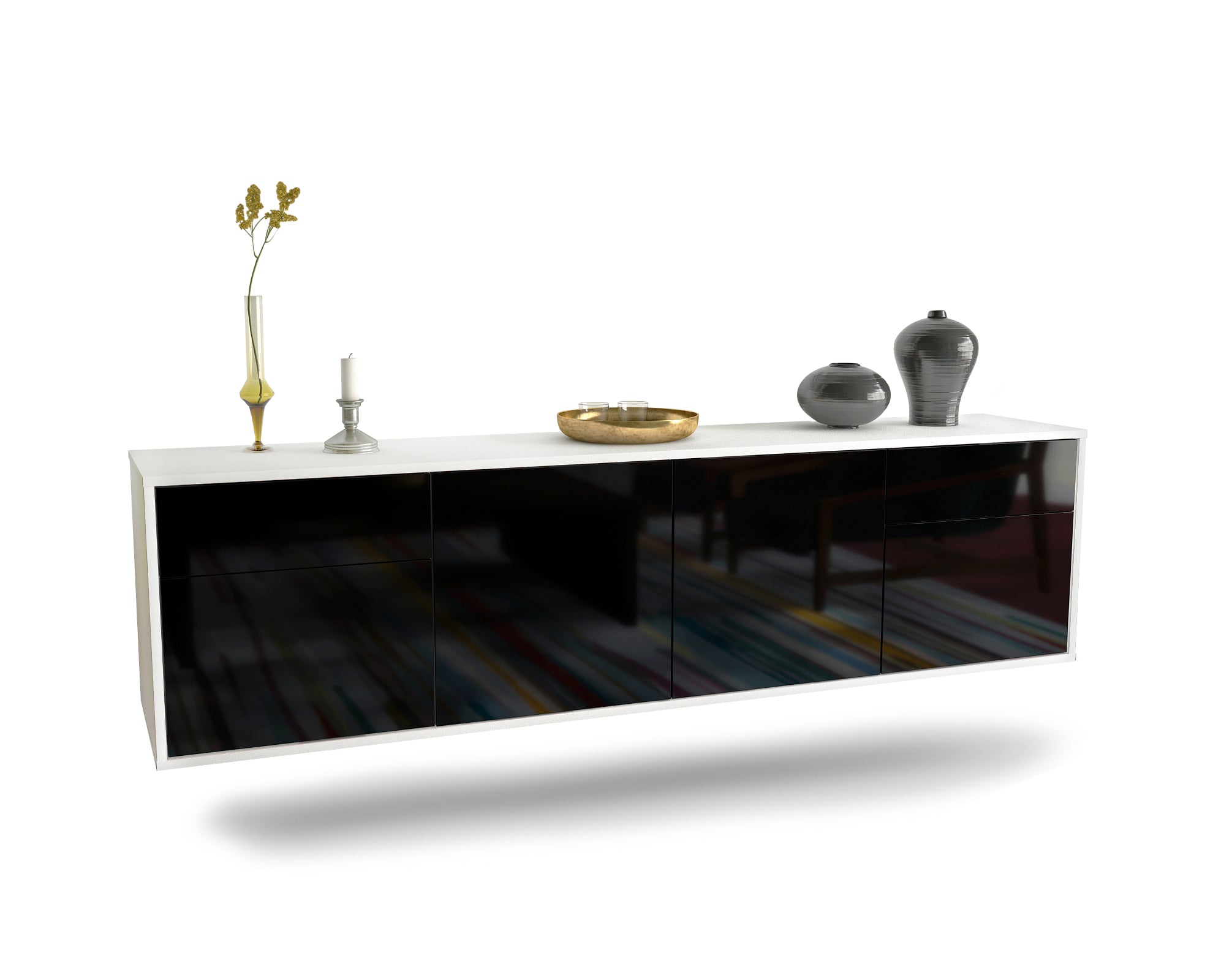 Lowboard - Benedetta - Design Hochglanz - Wandmontage mit Push to Open 180 cm Weiss