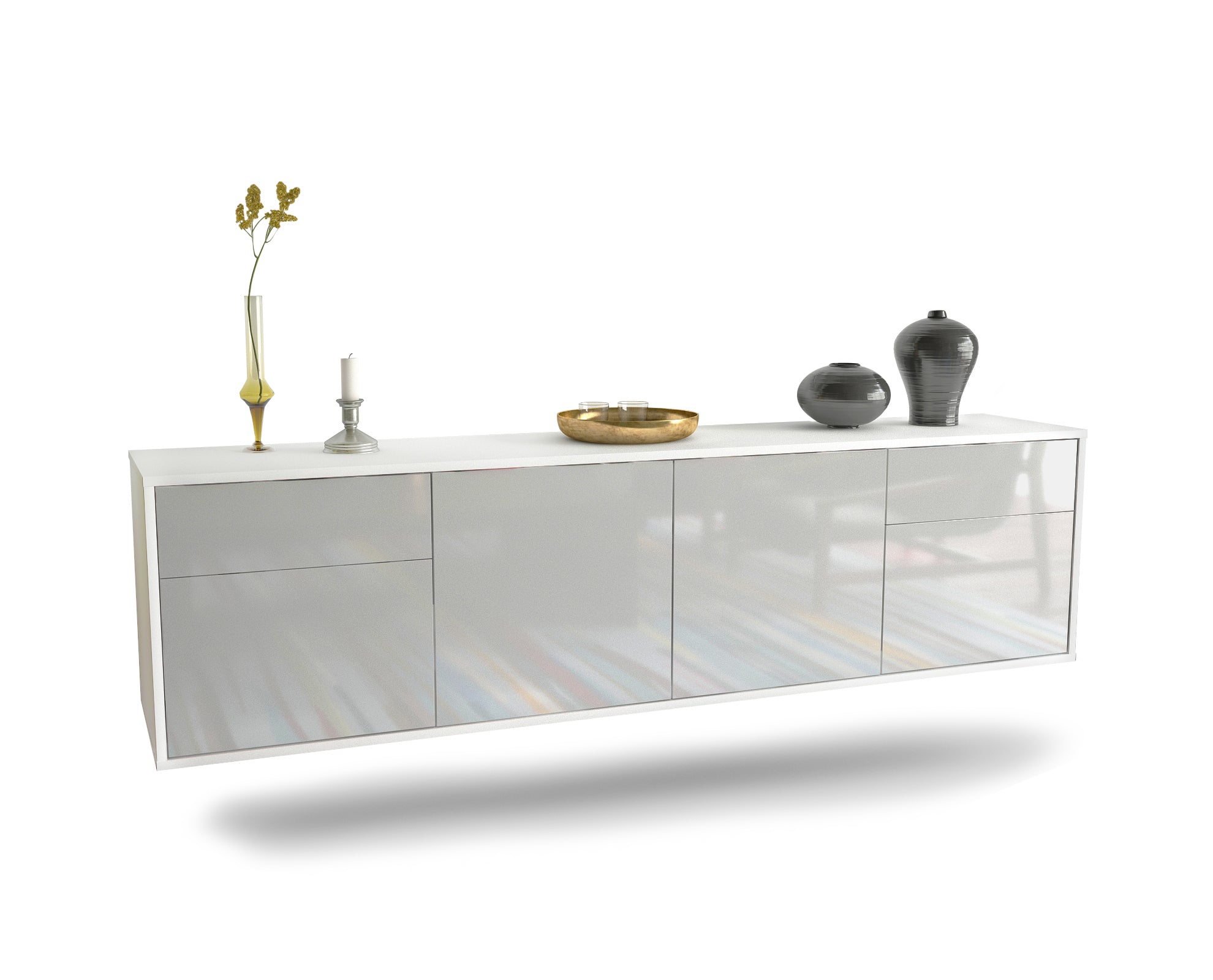 Lowboard - Benedetta - Design Hochglanz - Wandmontage mit Push to Open 180 cm Weiss