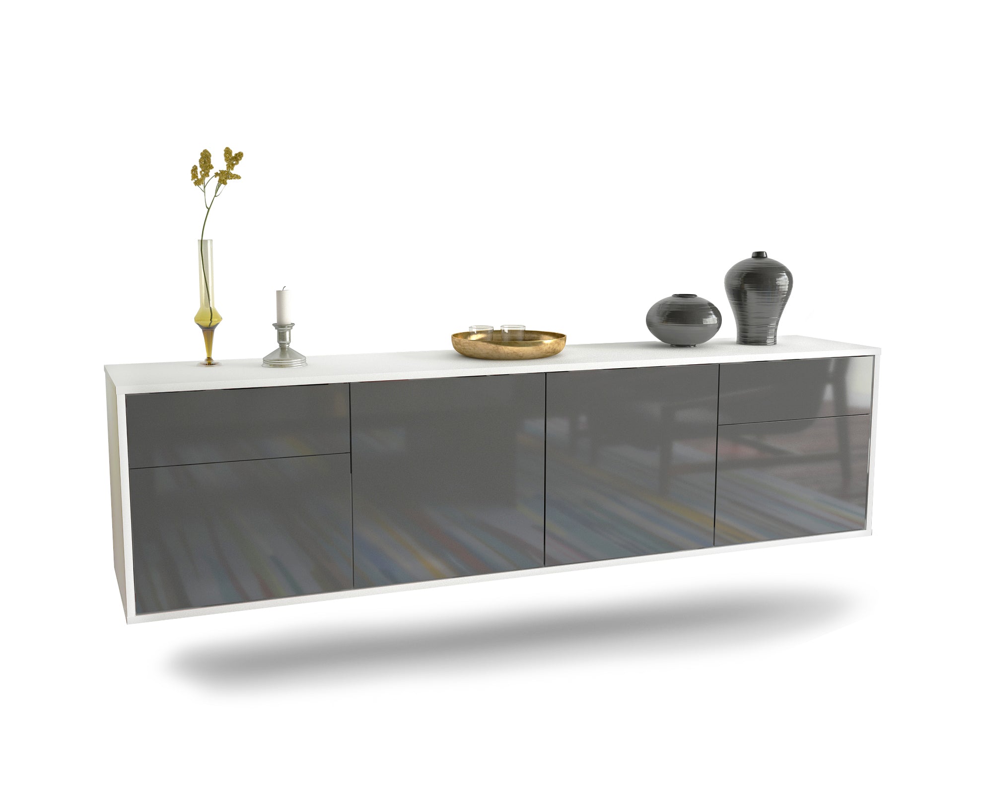 Lowboard - Benedetta - Design Hochglanz - Wandmontage mit Push to Open 180 cm Weiss