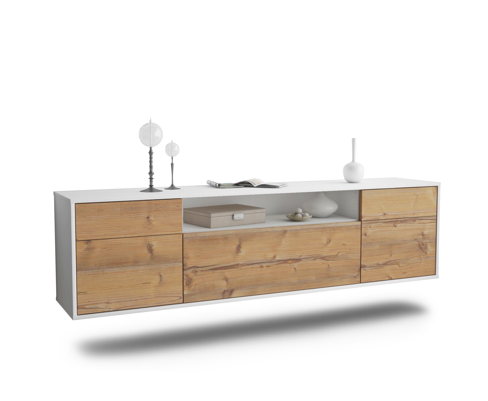 Lowboard - Bernadetta - Design Holzdekor - Wandmontage mit Push to Open 180 cm Weiss