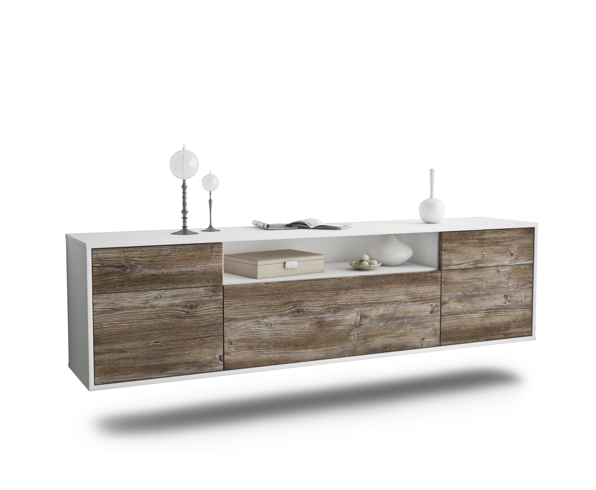 Lowboard - Bernadetta - Design Holzdekor - Wandmontage mit Push to Open 180 cm Weiss