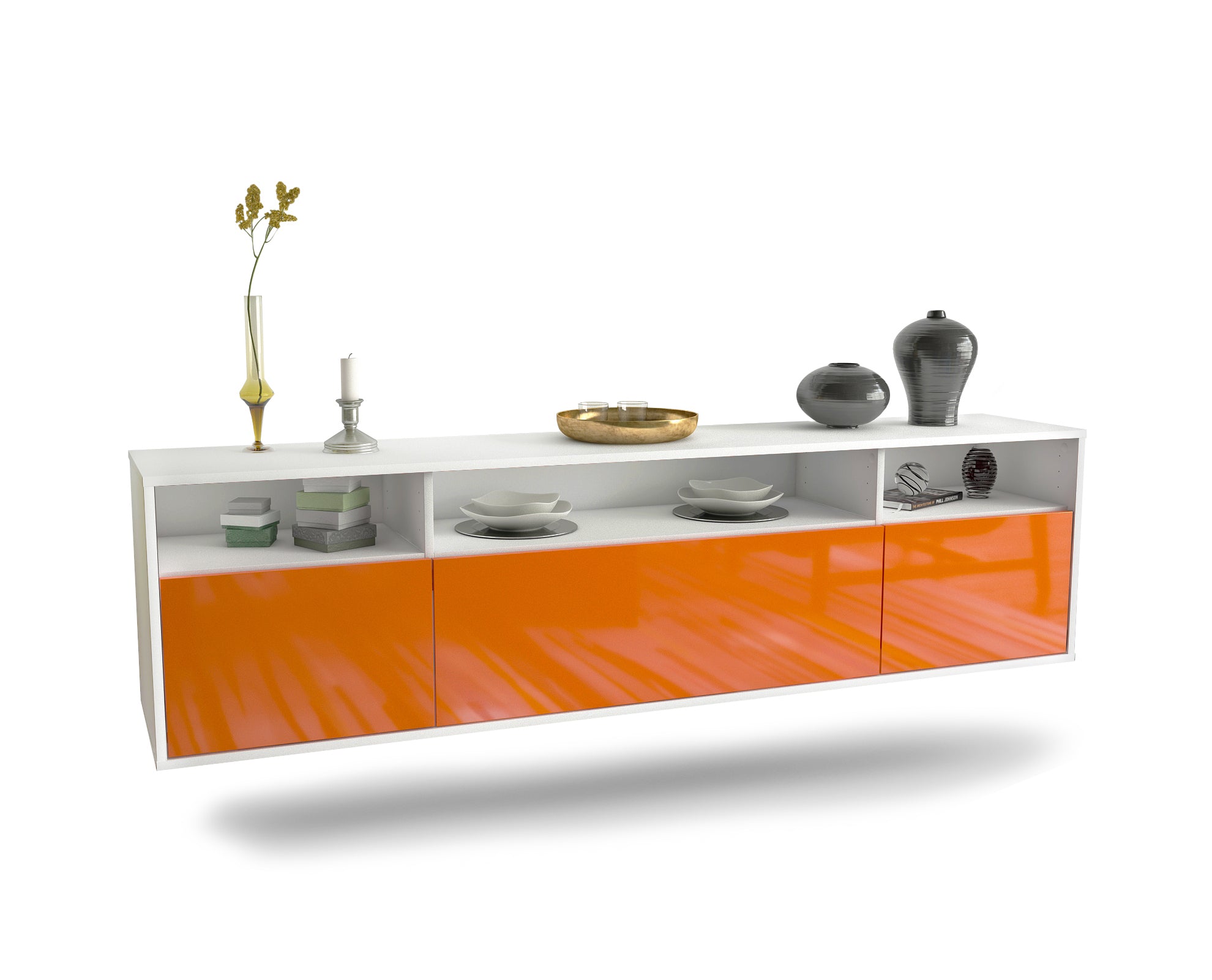 Lowboard - BIANCA - Design Hochglanz - Wandmontage mit Push to Open 180 cm Weiss