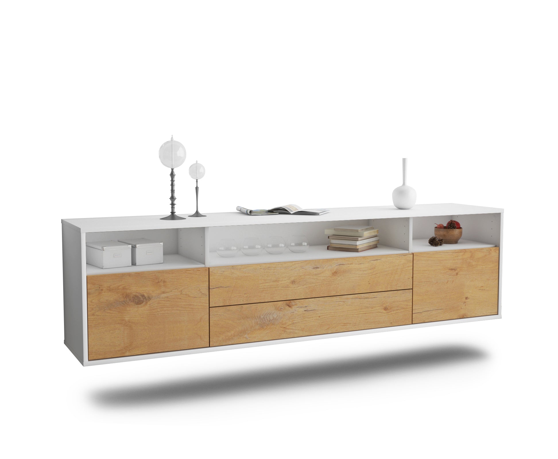 Lowboard - Biancaneve - Design Holzdekor - Wandmontage mit Push to Open 180 cm Weiss
