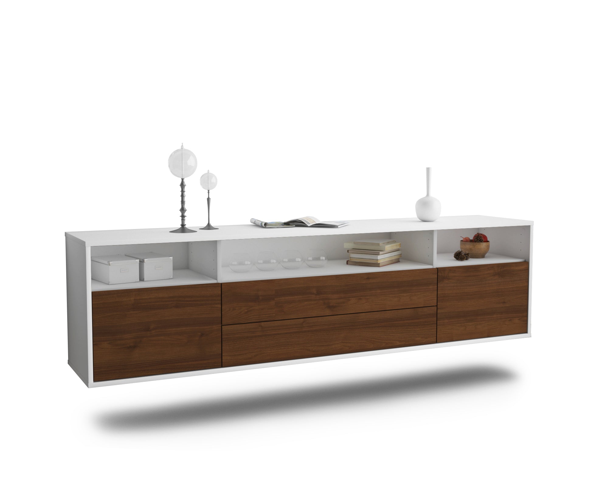 Lowboard - Biancaneve - Design Holzdekor - Wandmontage mit Push to Open 180 cm Weiss