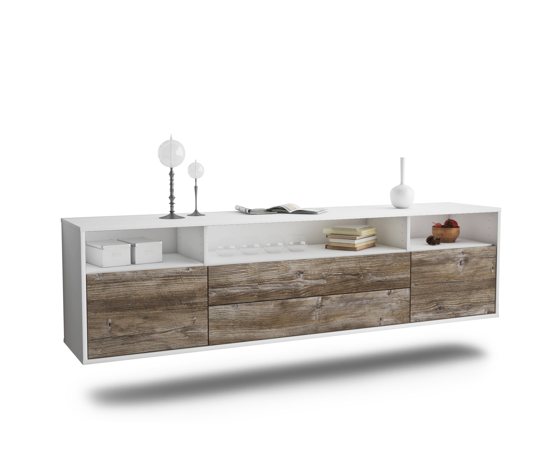 Lowboard - Biancaneve - Design Holzdekor - Wandmontage mit Push to Open 180 cm Weiss