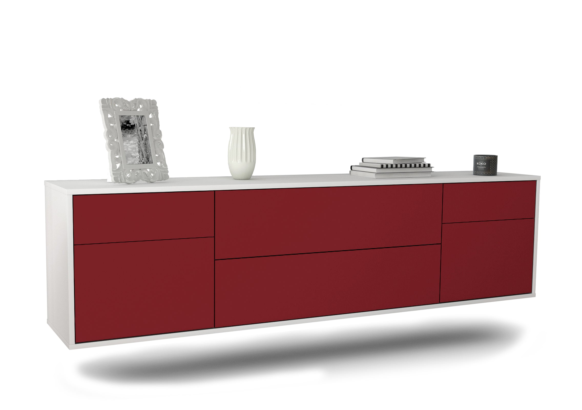 Lowboard - Bibiane - Design Farbakzent - Wandmontage mit Push to Open 180 cm Weiss