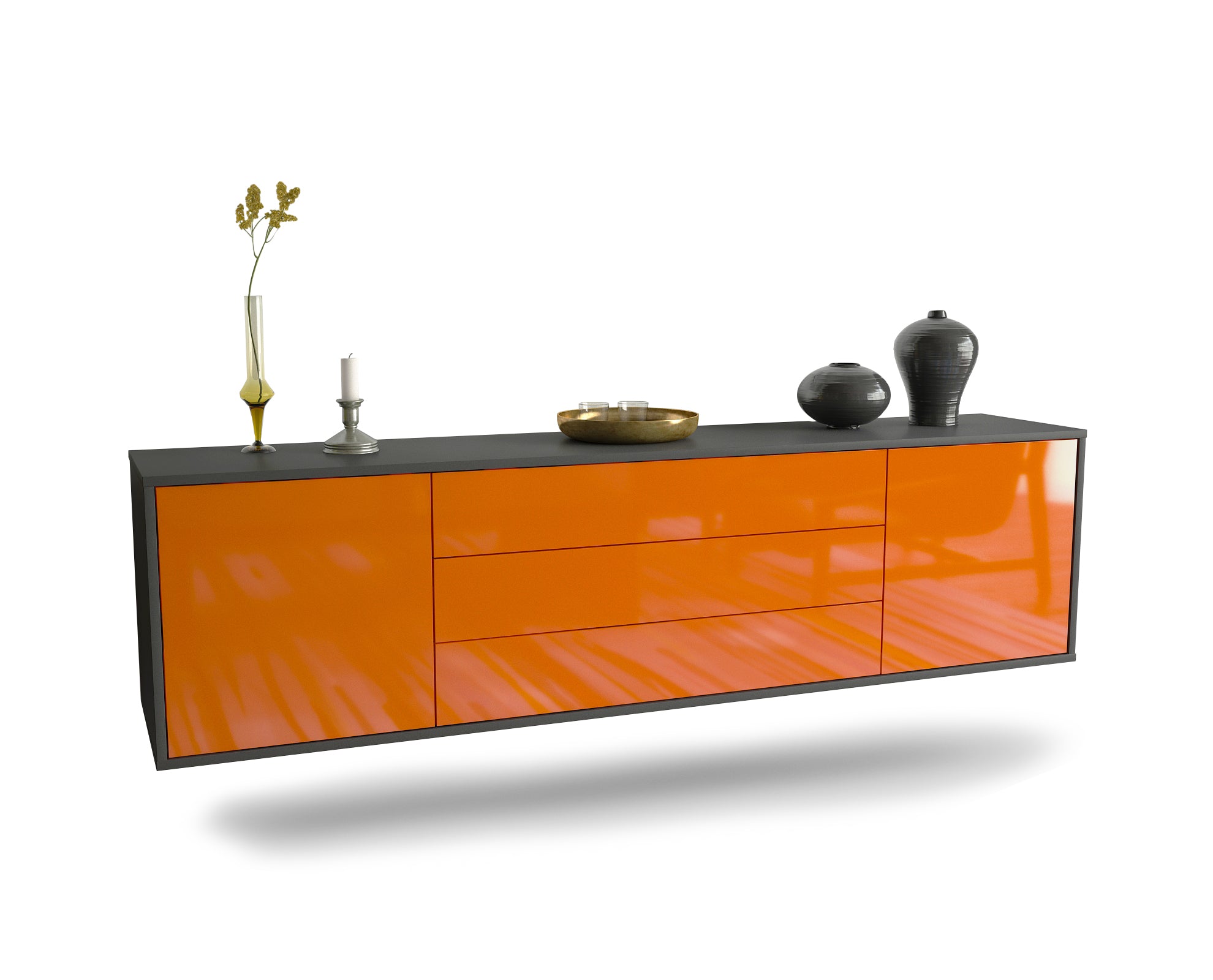 Lowboard - Ariella - Design Hochglanz - Wandmontage mit Push to Open 180 cm Anthrazit