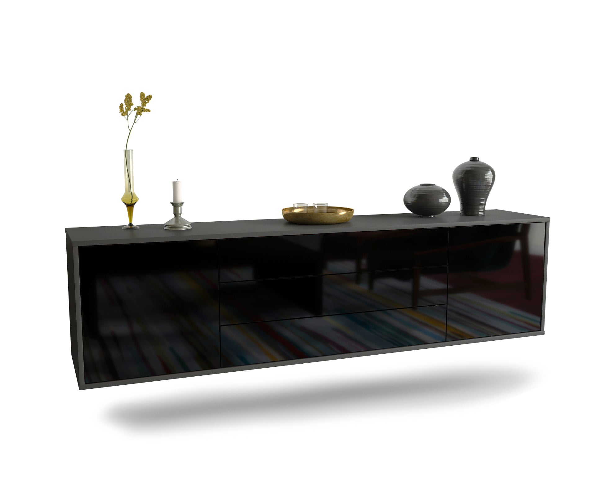 Lowboard - Ariella - Design Hochglanz - Wandmontage mit Push to Open 180 cm Anthrazit