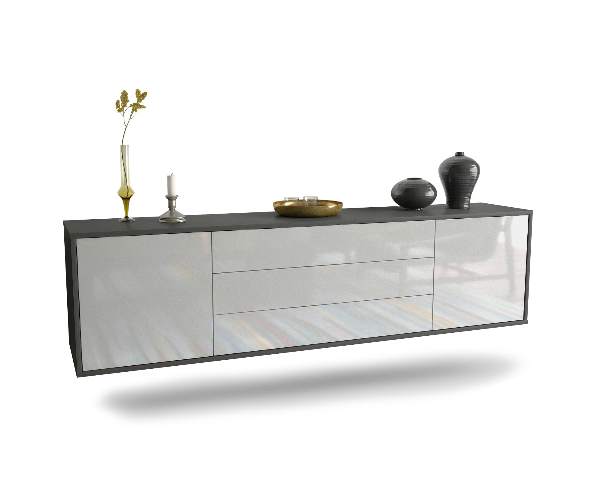 Lowboard - Ariella - Design Hochglanz - Wandmontage mit Push to Open 180 cm Anthrazit