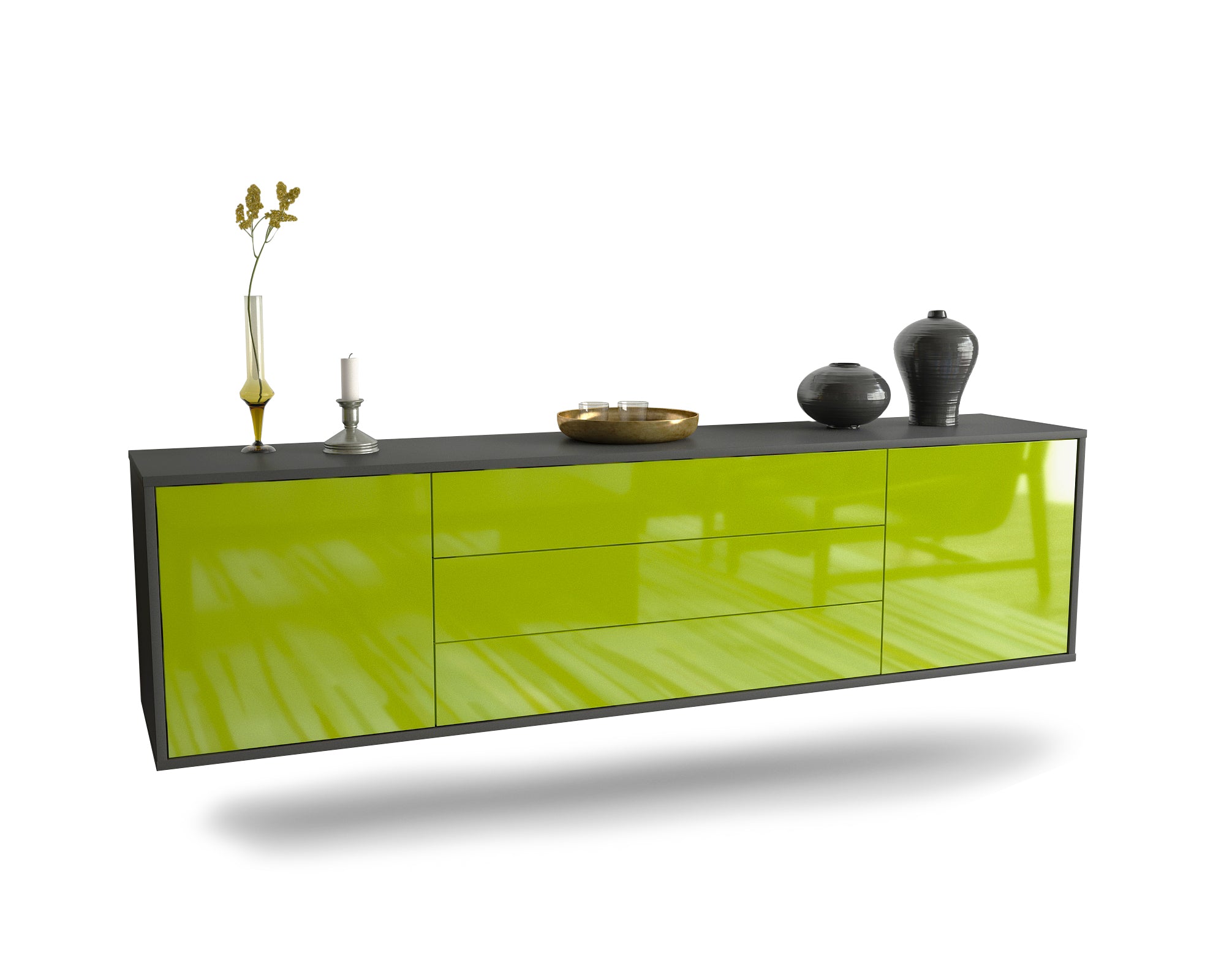 Lowboard - Ariella - Design Hochglanz - Wandmontage mit Push to Open 180 cm Anthrazit