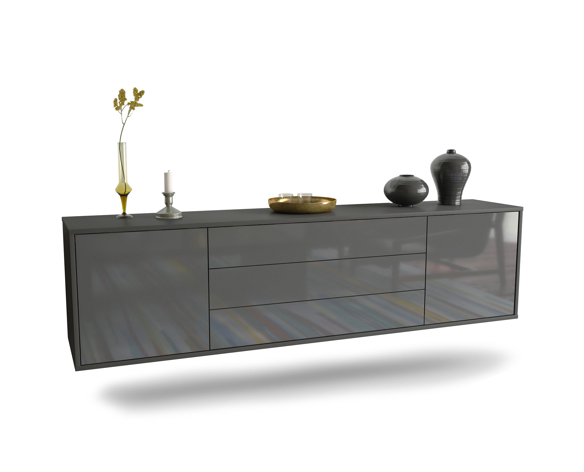 Lowboard - Ariella - Design Hochglanz - Wandmontage mit Push to Open 180 cm Anthrazit