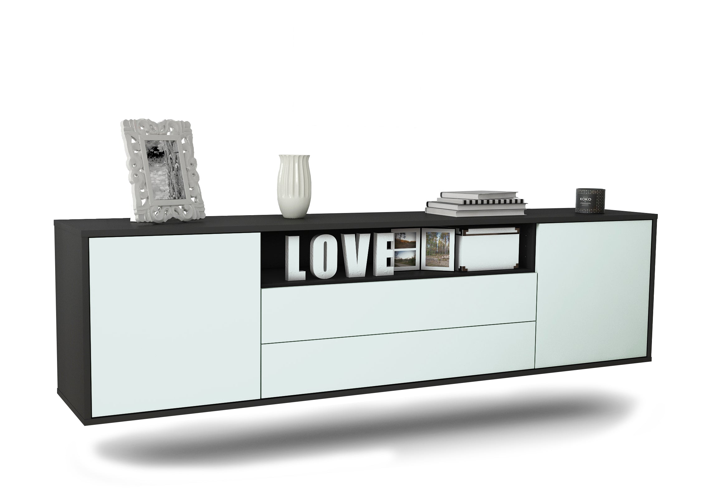 Lowboard - Armanda - Design Farbakzent - Wandmontage mit Push to Open 180 cm Anthrazit