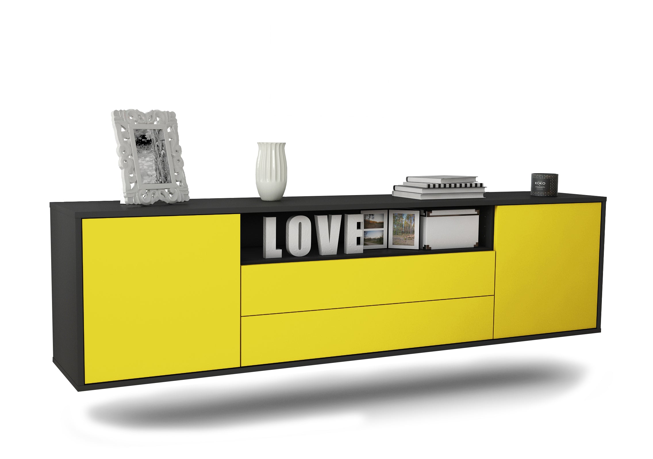 Lowboard - Armanda - Design Farbakzent - Wandmontage mit Push to Open 180 cm Anthrazit