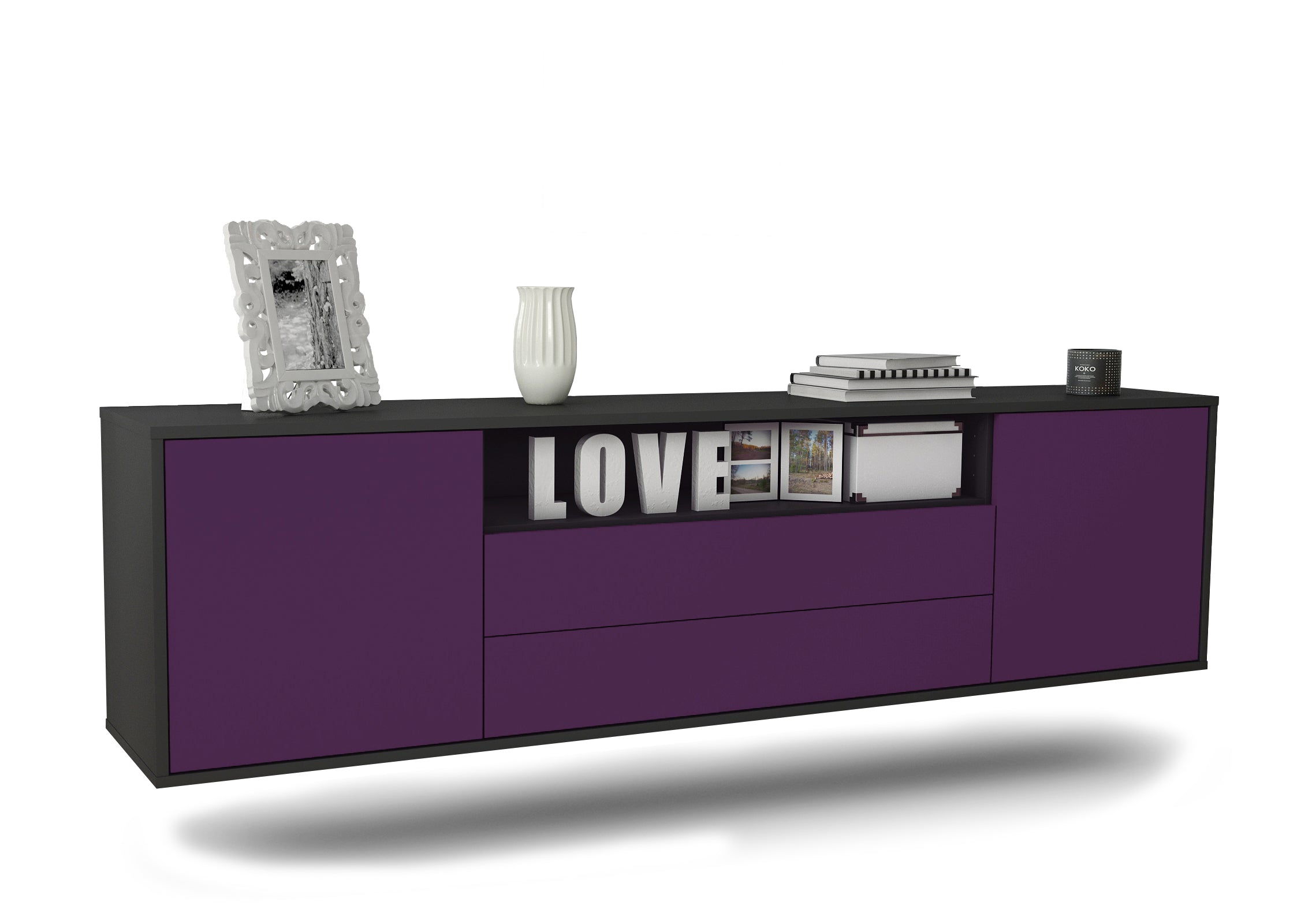 Lowboard - Armanda - Design Farbakzent - Wandmontage mit Push to Open 180 cm Anthrazit