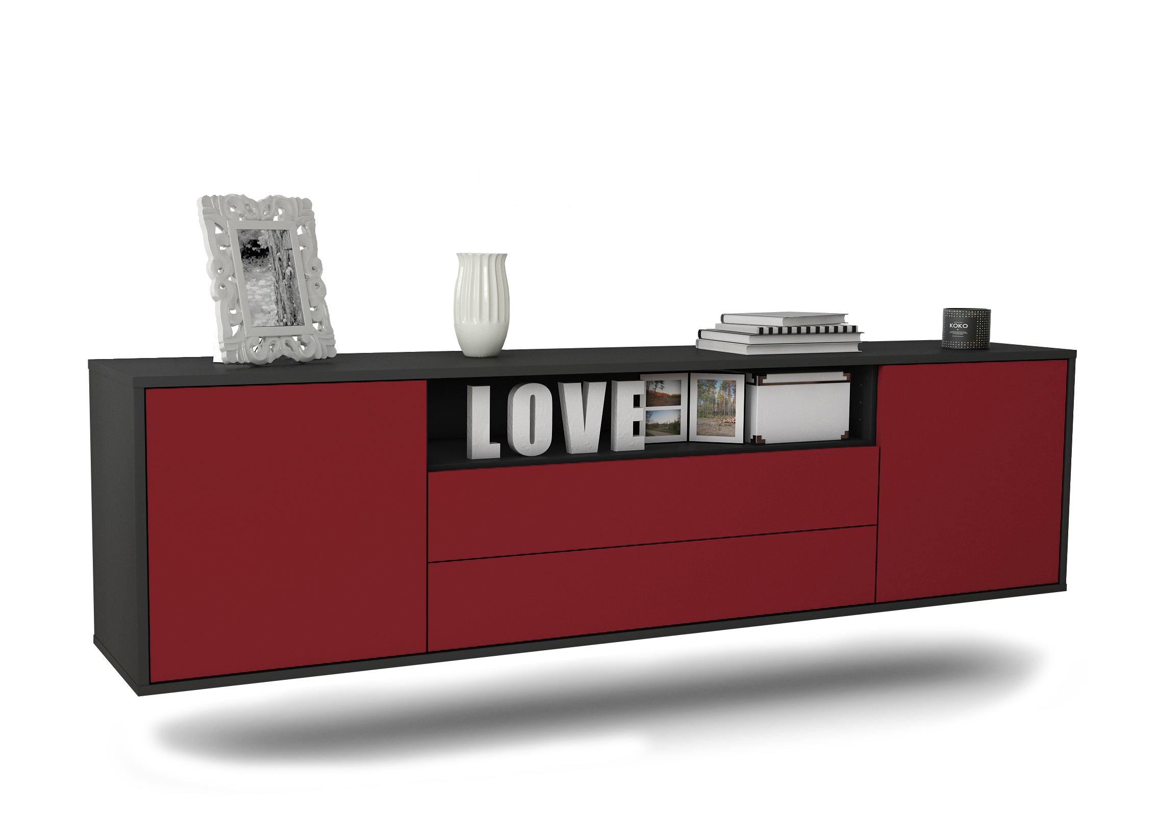 Lowboard - Armanda - Design Farbakzent - Wandmontage mit Push to Open 180 cm Anthrazit