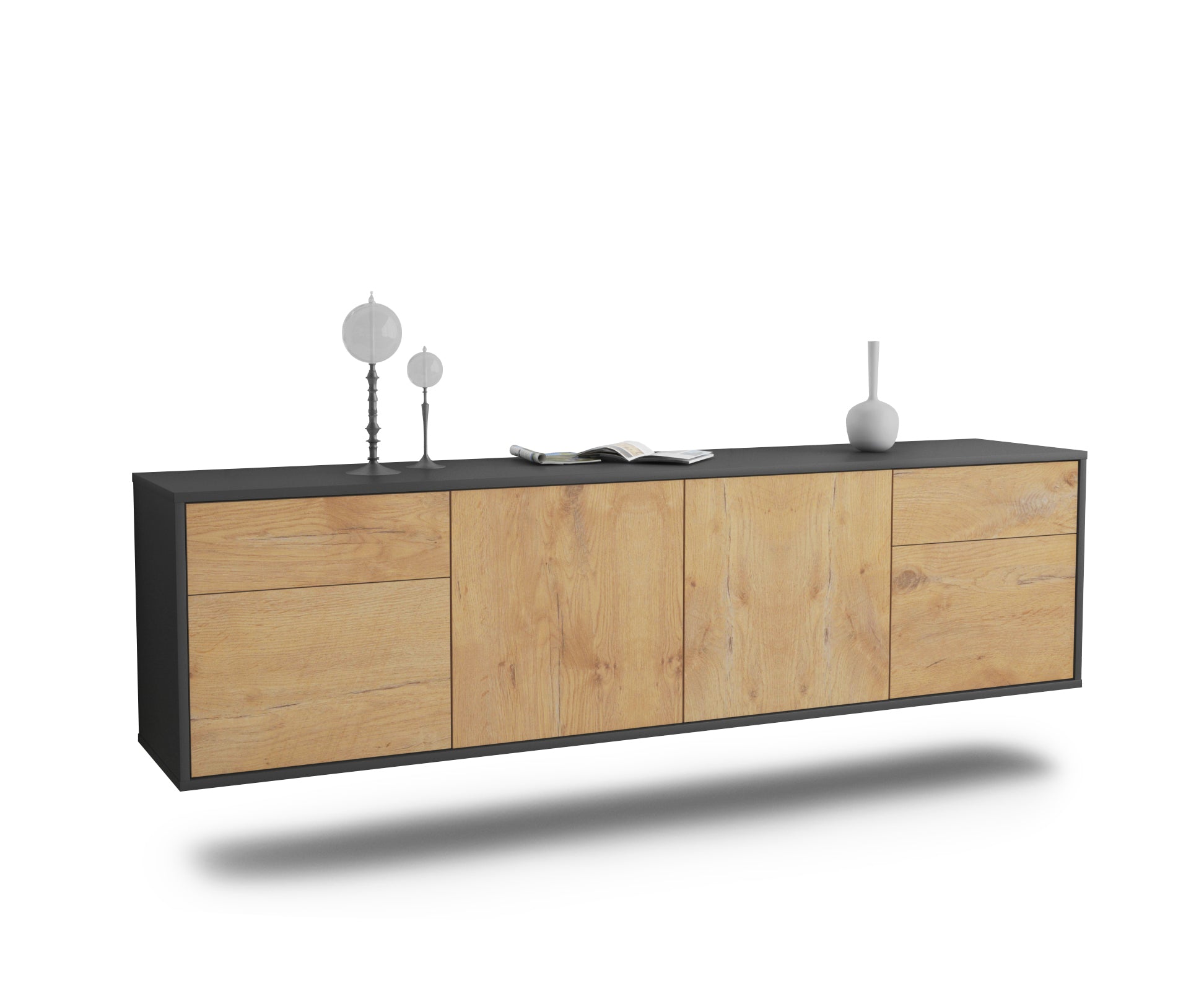 Lowboard - Benedetta - Design Holzdekor - Wandmontage mit Push to Open 180 cm Anthrazit