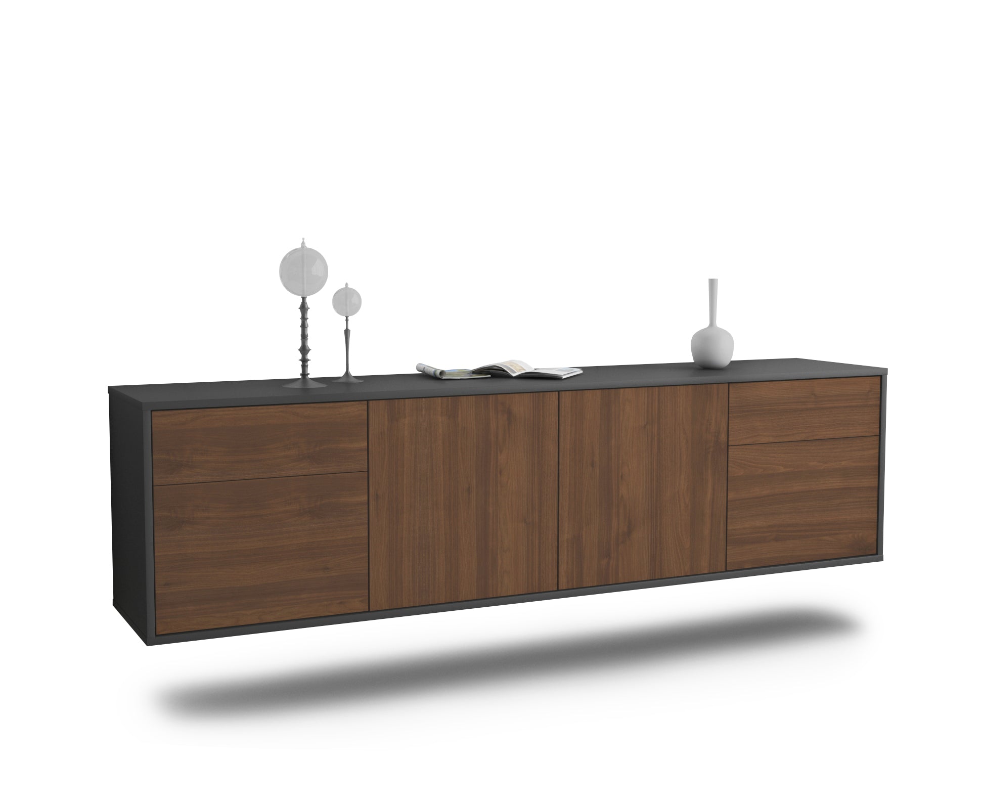 Lowboard - Benedetta - Design Holzdekor - Wandmontage mit Push to Open 180 cm Anthrazit