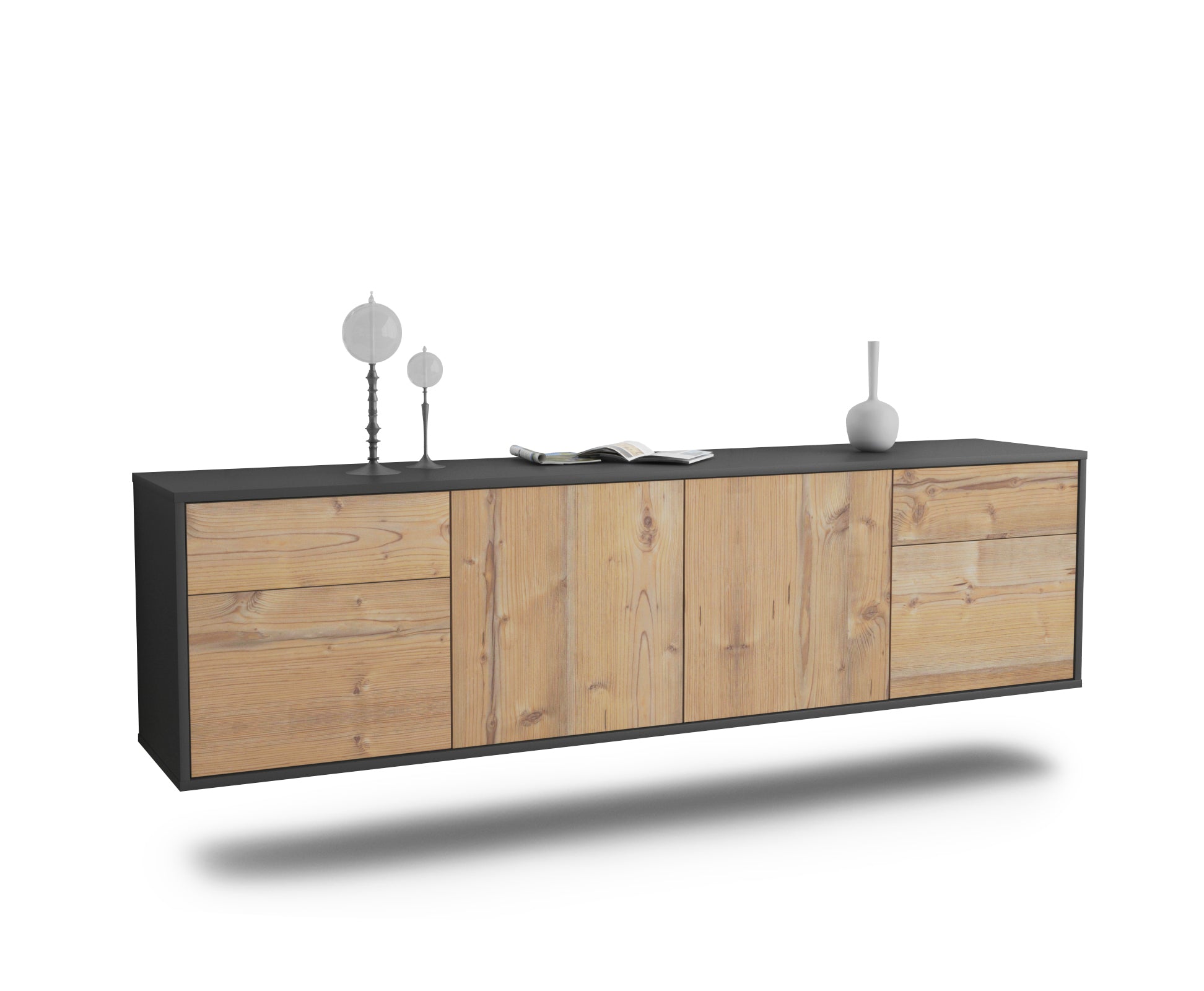Lowboard - Benedetta - Design Holzdekor - Wandmontage mit Push to Open 180 cm Anthrazit