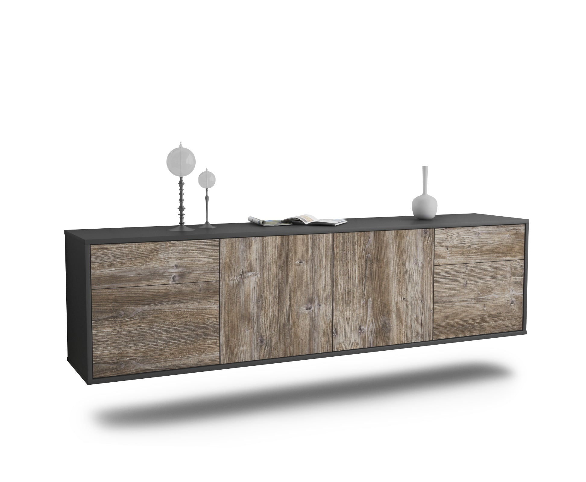 Lowboard - Benedetta - Design Holzdekor - Wandmontage mit Push to Open 180 cm Anthrazit
