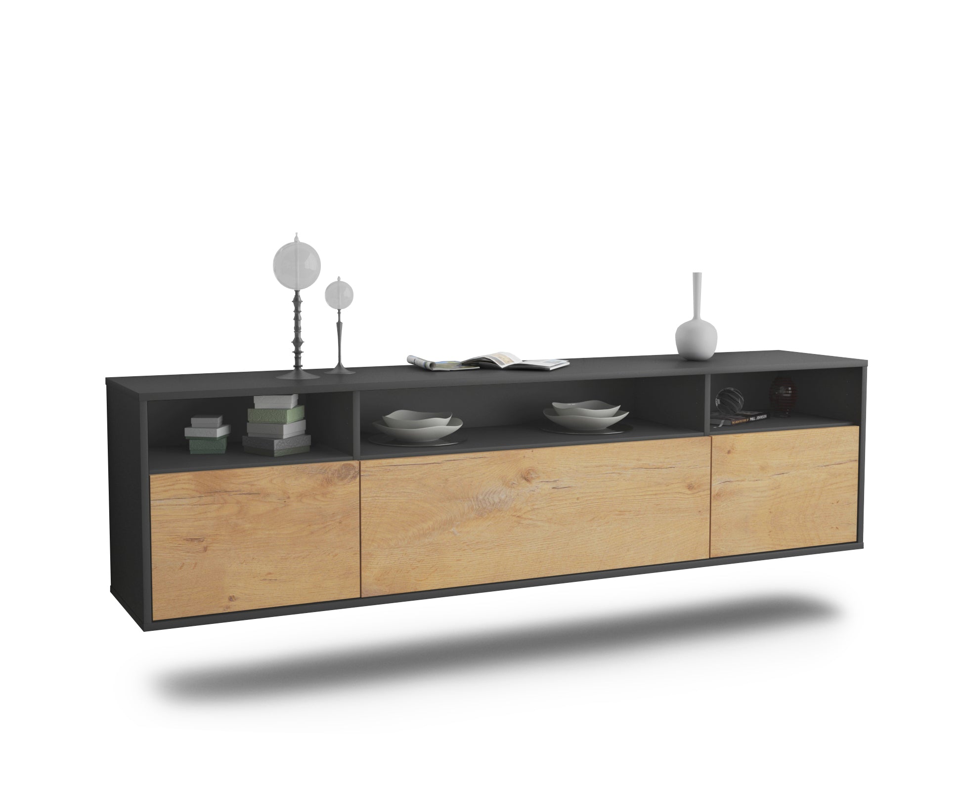 Lowboard - BIANCA - Design Holzdekor - Wandmontage mit Push to Open 180 cm Anthrazit