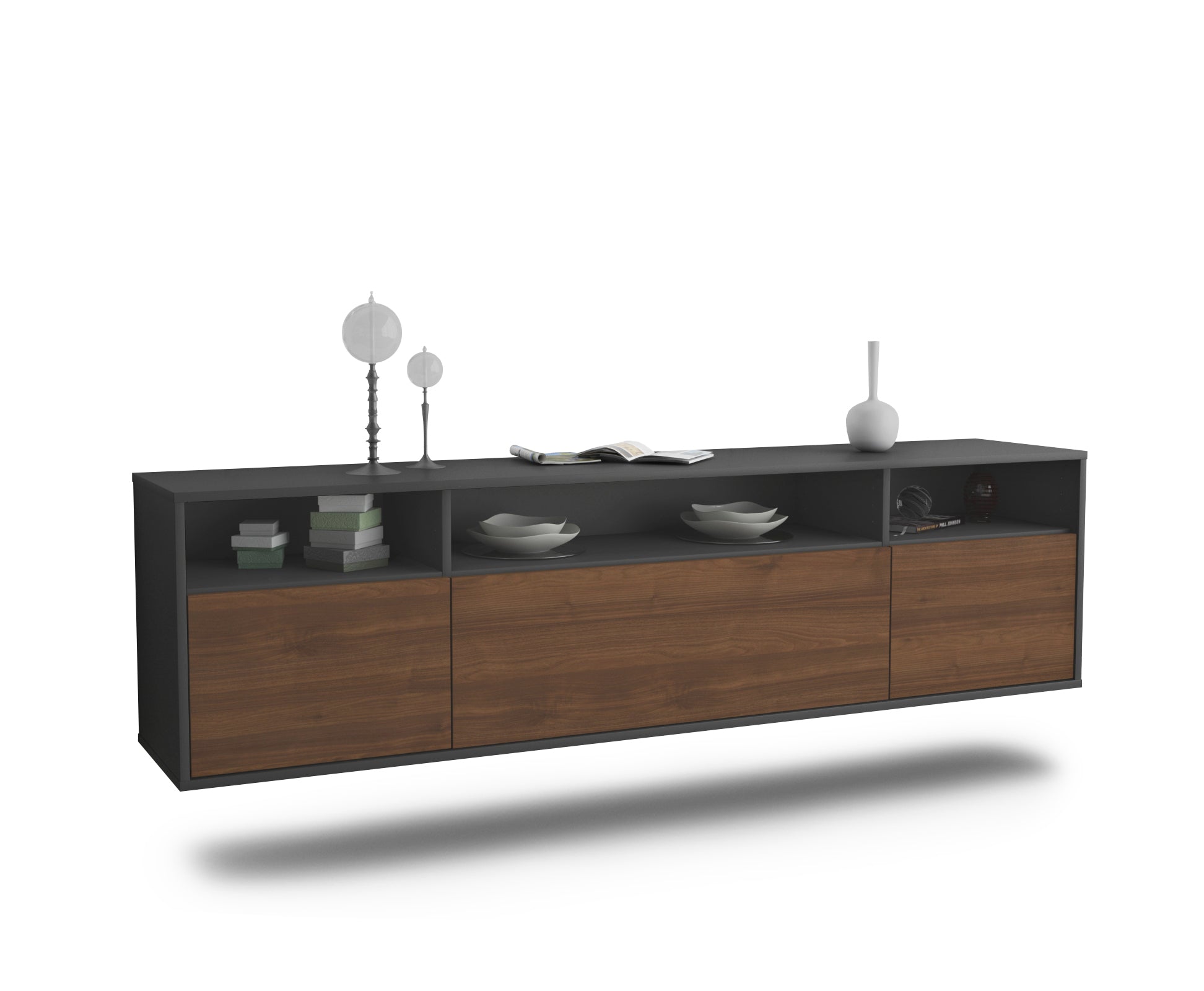 Lowboard - BIANCA - Design Holzdekor - Wandmontage mit Push to Open 180 cm Anthrazit