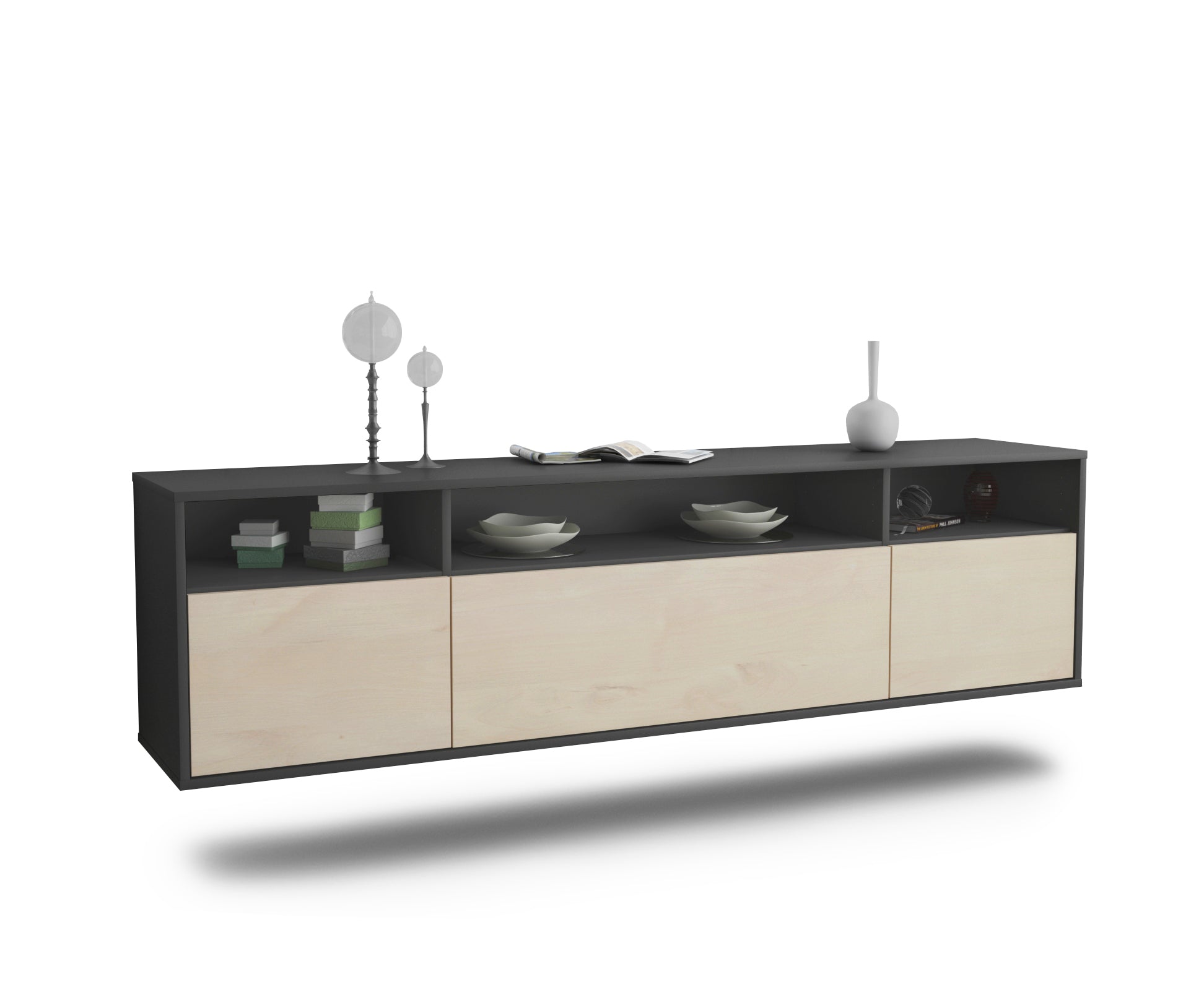 Lowboard - BIANCA - Design Holzdekor - Wandmontage mit Push to Open 180 cm Anthrazit