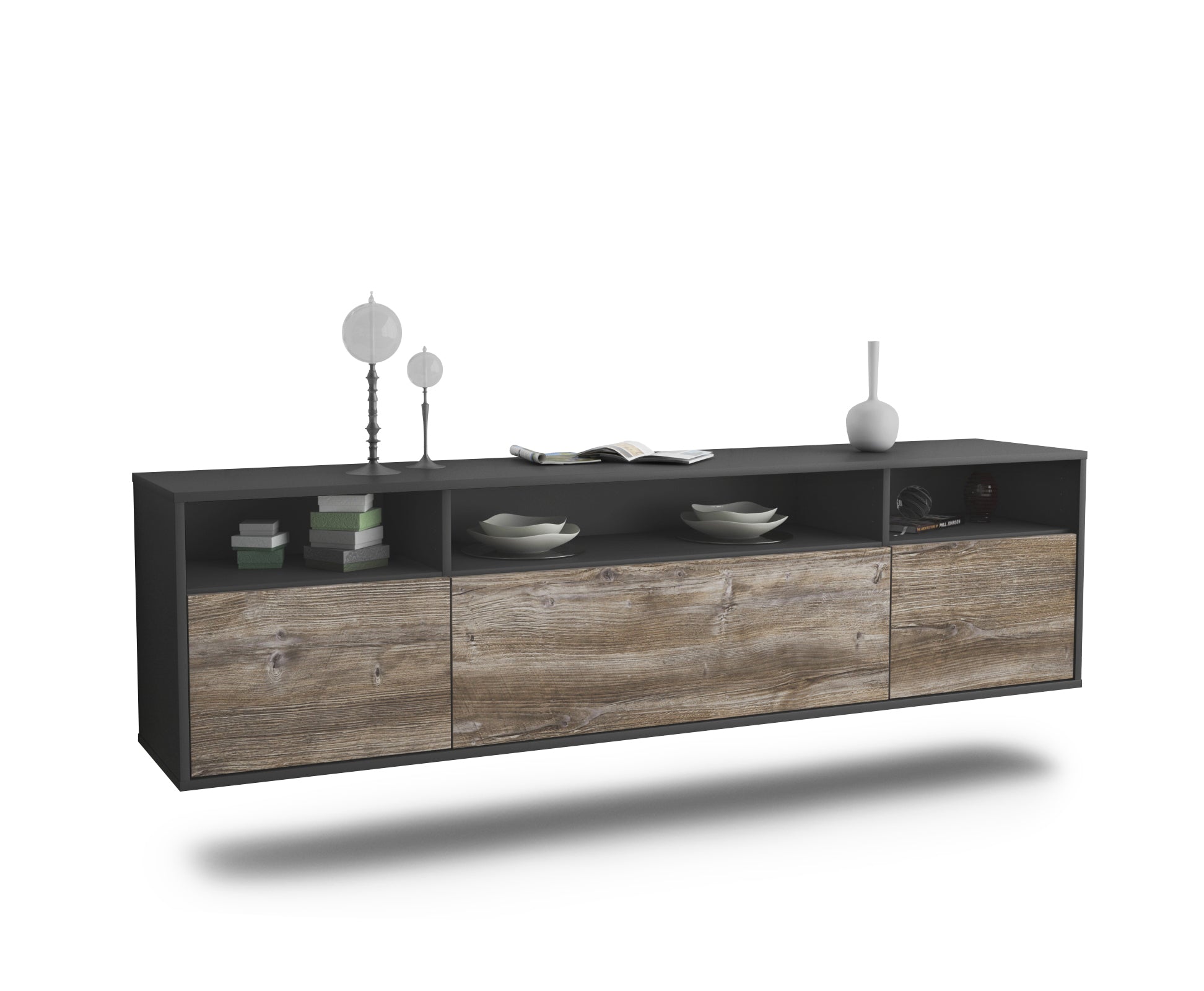 Lowboard - BIANCA - Design Holzdekor - Wandmontage mit Push to Open 180 cm Anthrazit