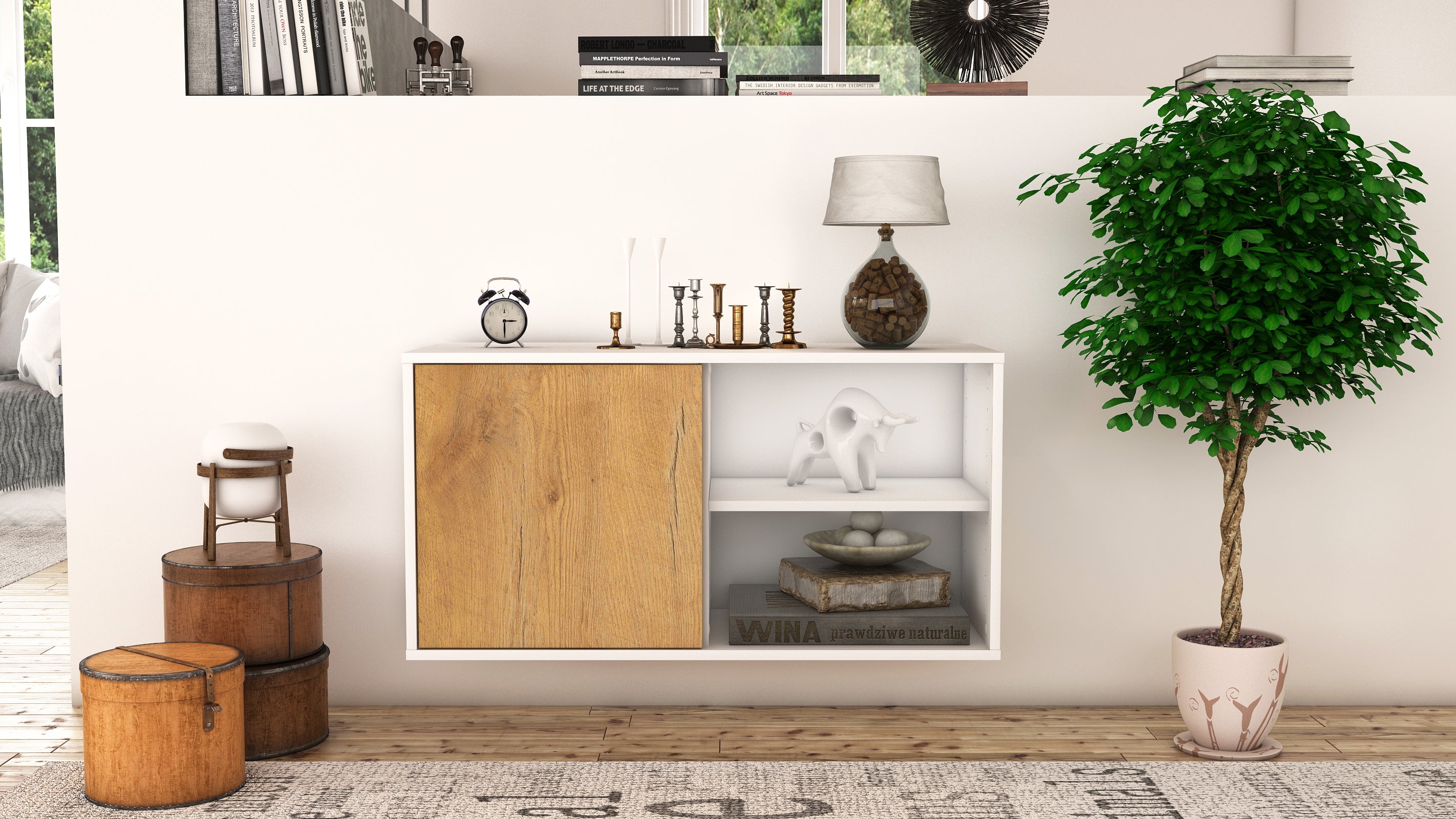 Lowboard - Adelia - Design Holzdekor - Wandmontage mit Push to Open 92 cm Weiss