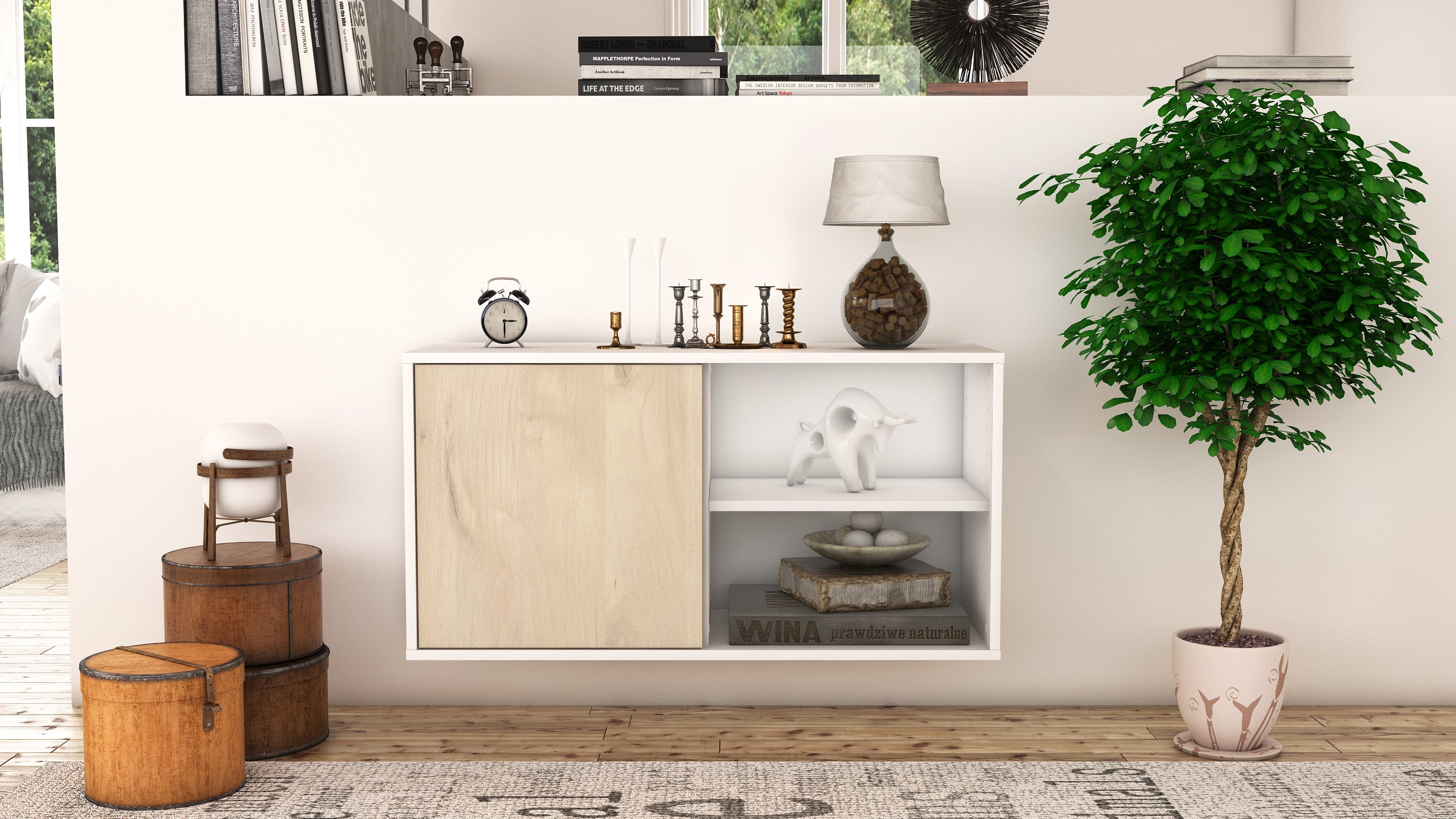 Lowboard - Adelia - Design Holzdekor - Wandmontage mit Push to Open 92 cm Weiss