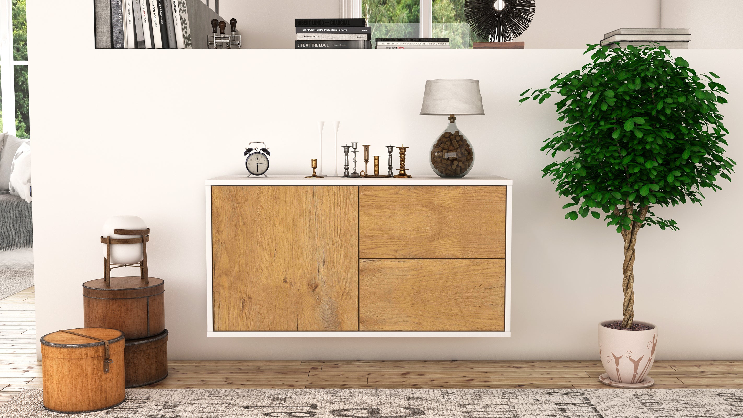 Lowboard - Adria - Design Holzdekor - Wandmontage mit Push to Open 92 cm Weiss