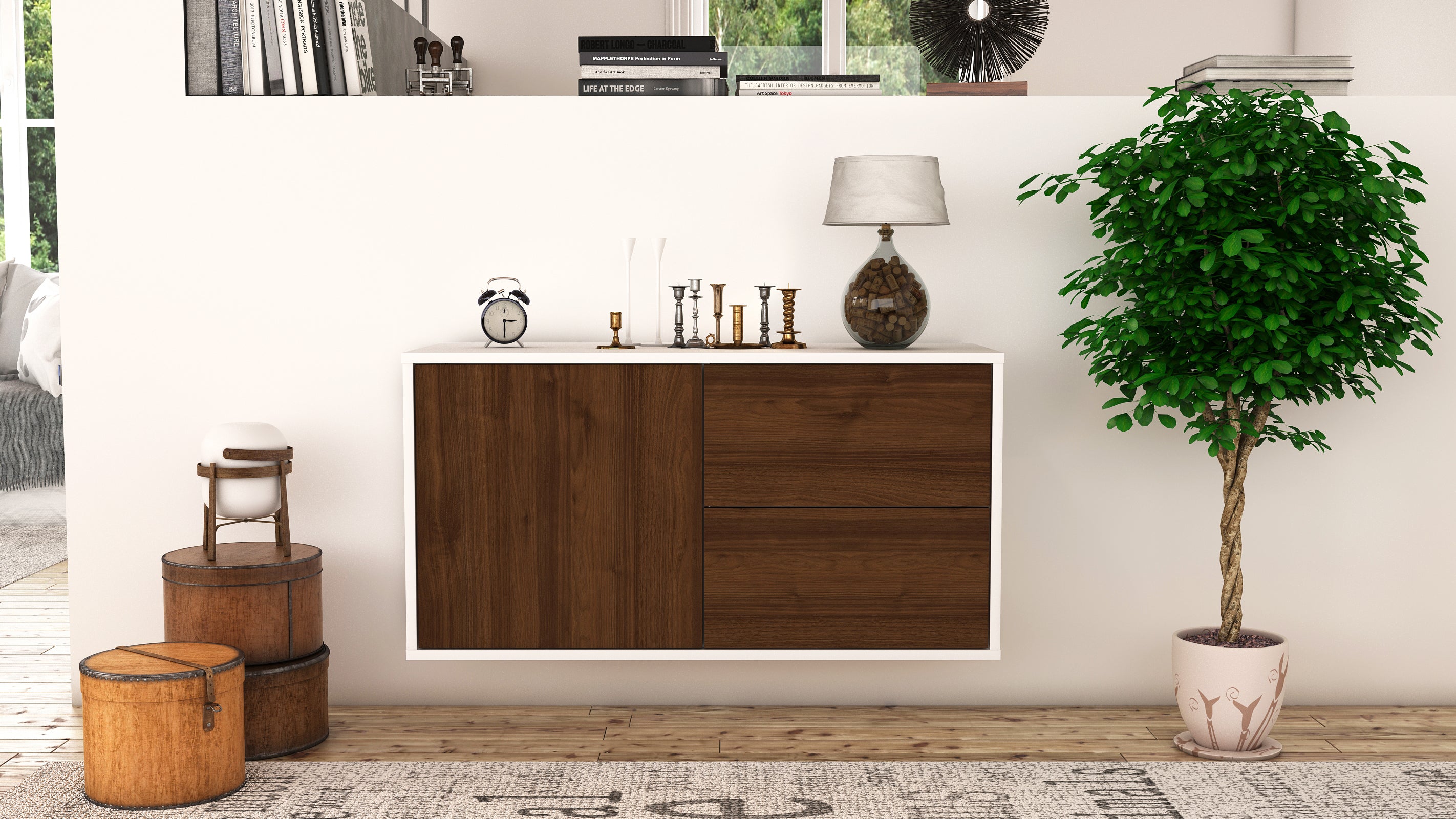 Lowboard - Adria - Design Holzdekor - Wandmontage mit Push to Open 92 cm Weiss
