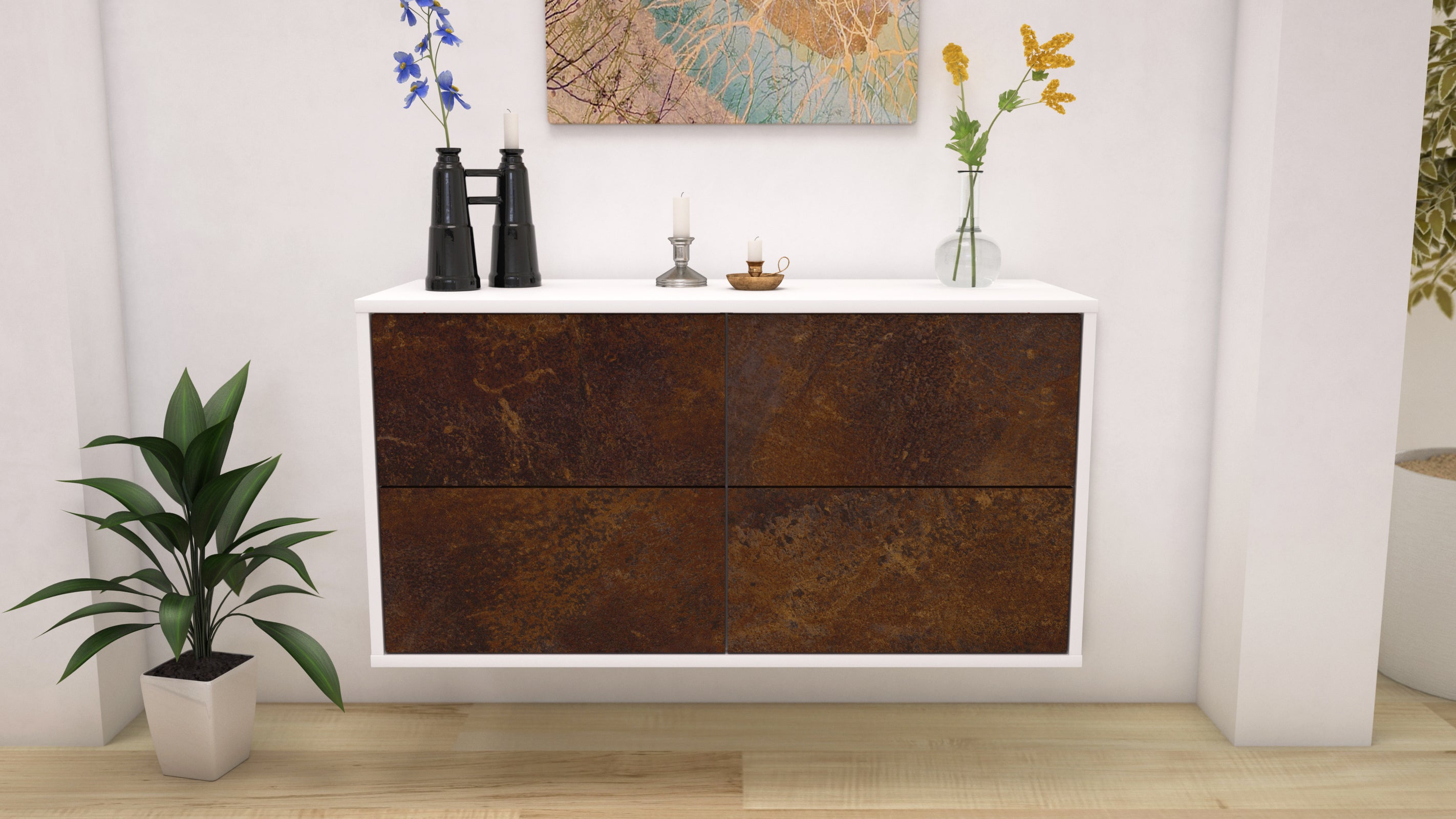 Lowboard - Aella - Design Industrie Stil - Wandmontage mit Push to Open 92 cm Weiss