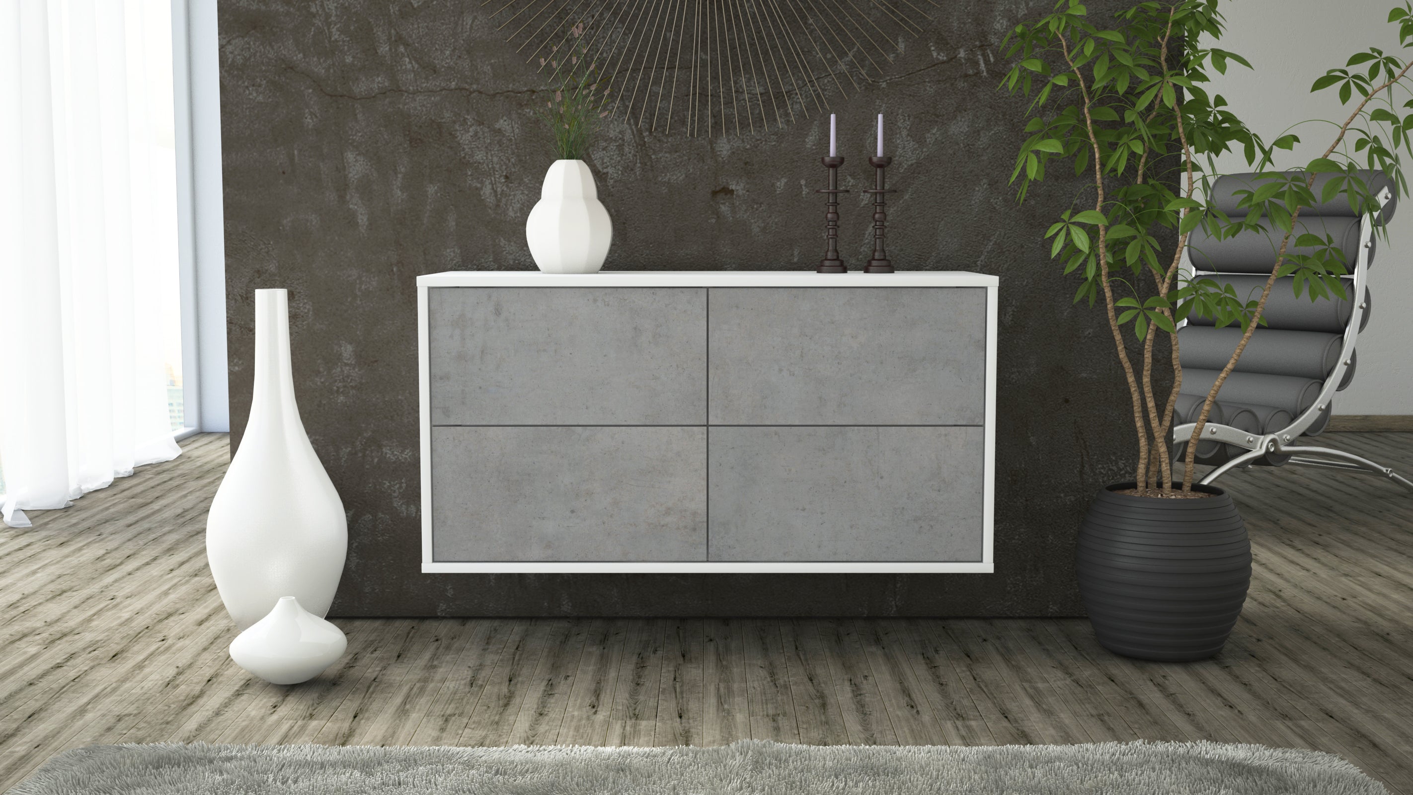 Lowboard - Aella - Design Industrie Stil - Wandmontage mit Push to Open 92 cm Weiss