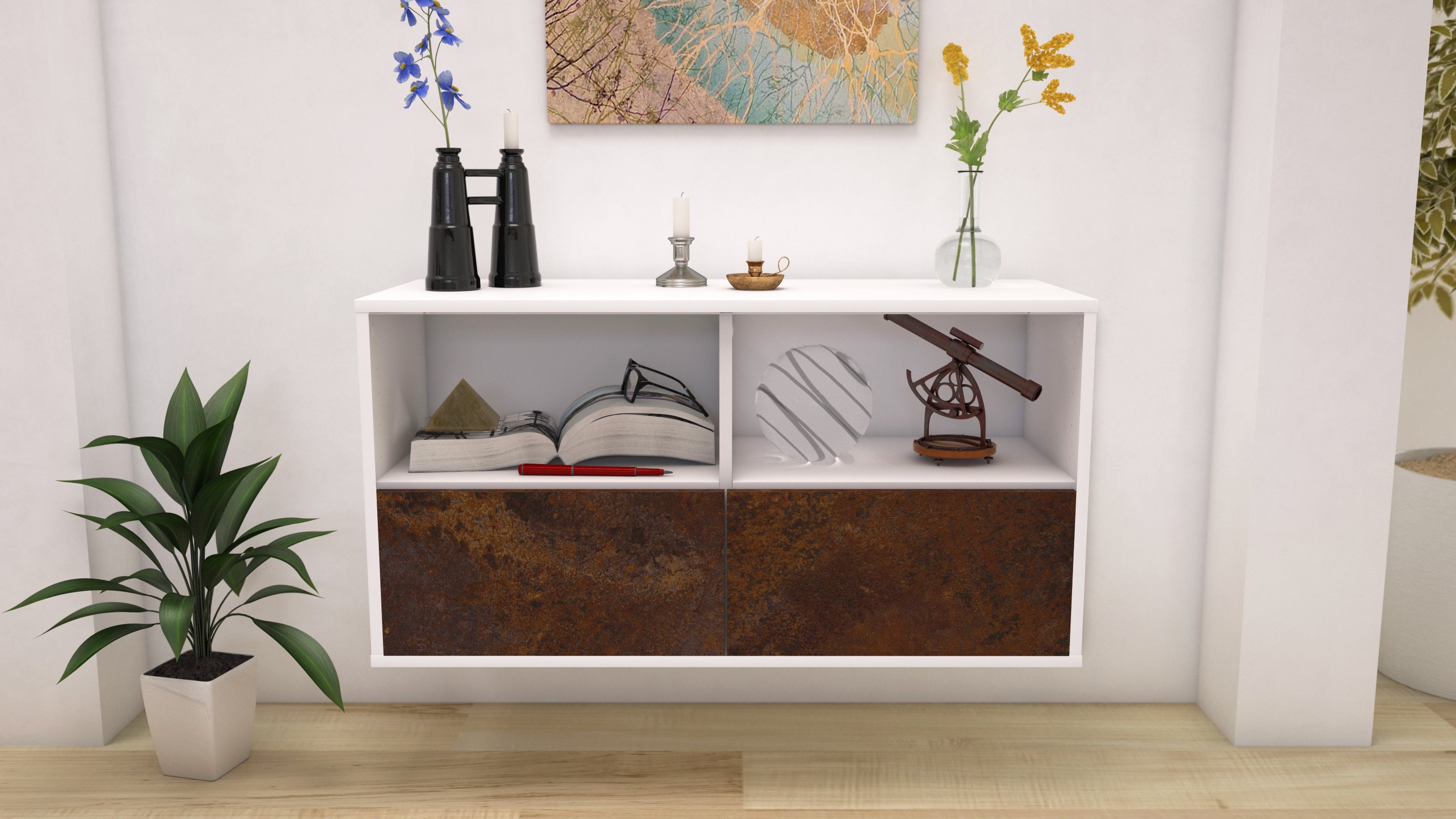 Lowboard - Aeon - Design Industrie Stil - Wandmontage mit Push to Open 92 cm Weiss