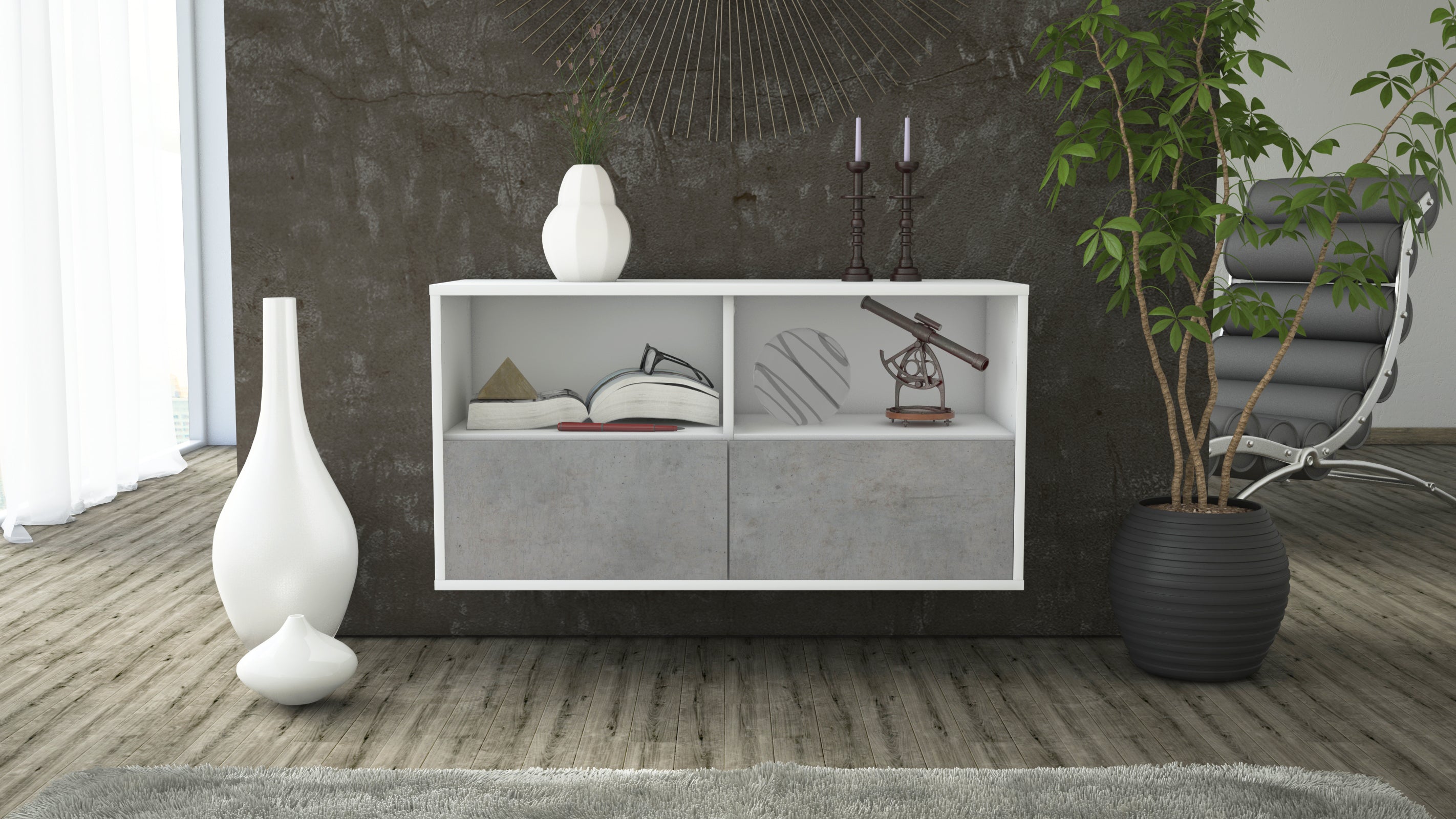 Lowboard - Aeon - Design Industrie Stil - Wandmontage mit Push to Open 92 cm Weiss