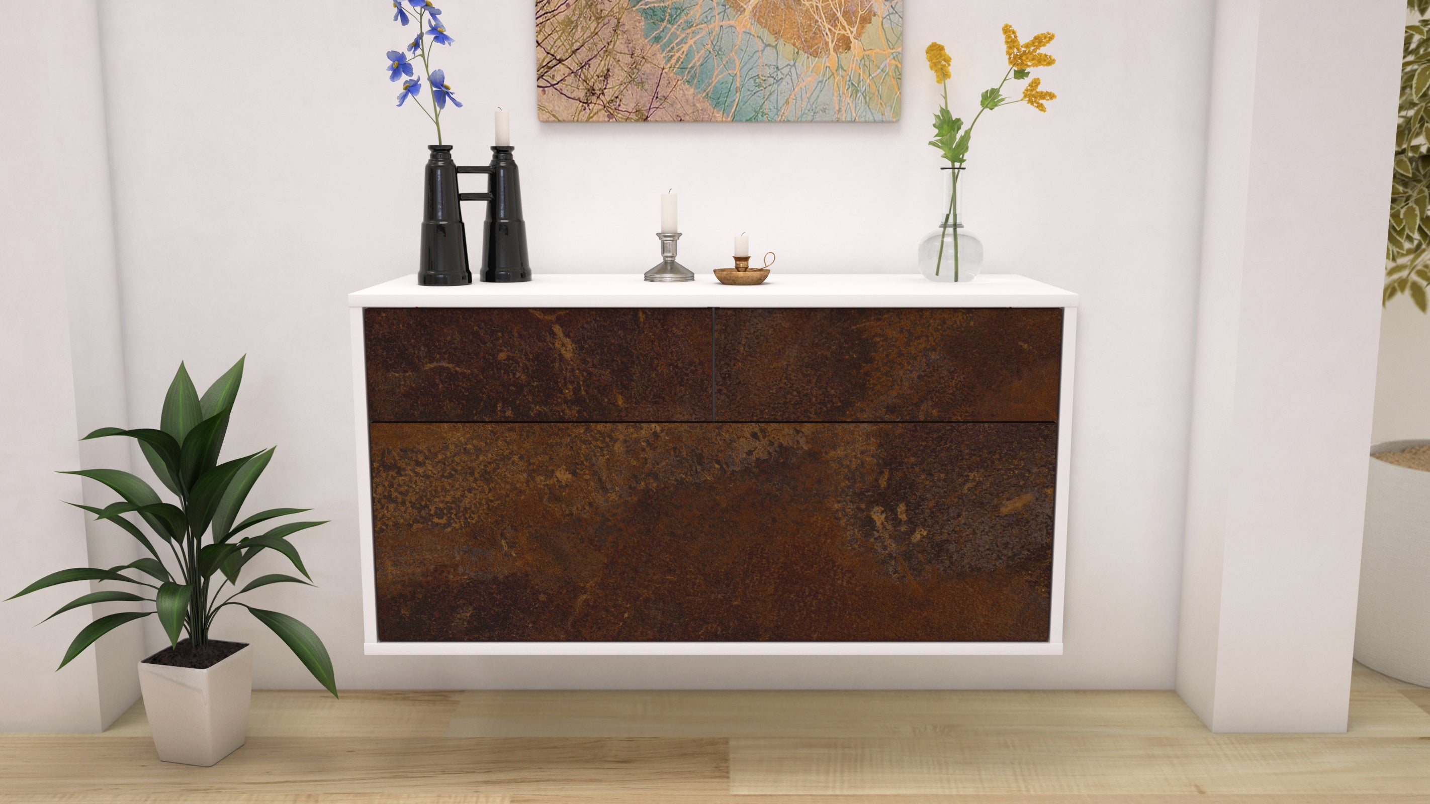 Lowboard - Agnese - Design Industrie Stil - Wandmontage mit Push to Open 92 cm Weiss
