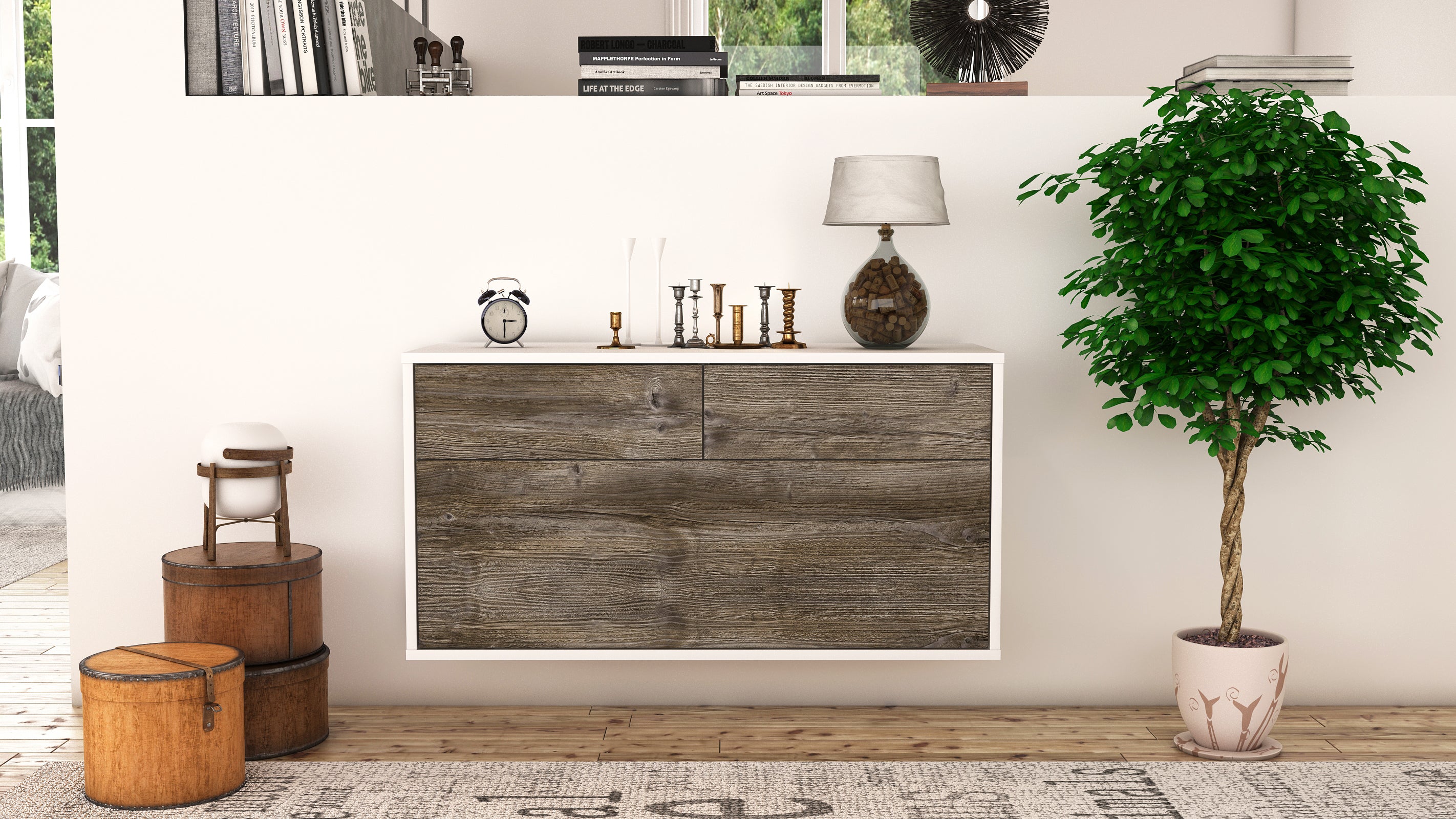 Lowboard - Agnese - Design Holzdekor - Wandmontage mit Push to Open 92 cm Weiss