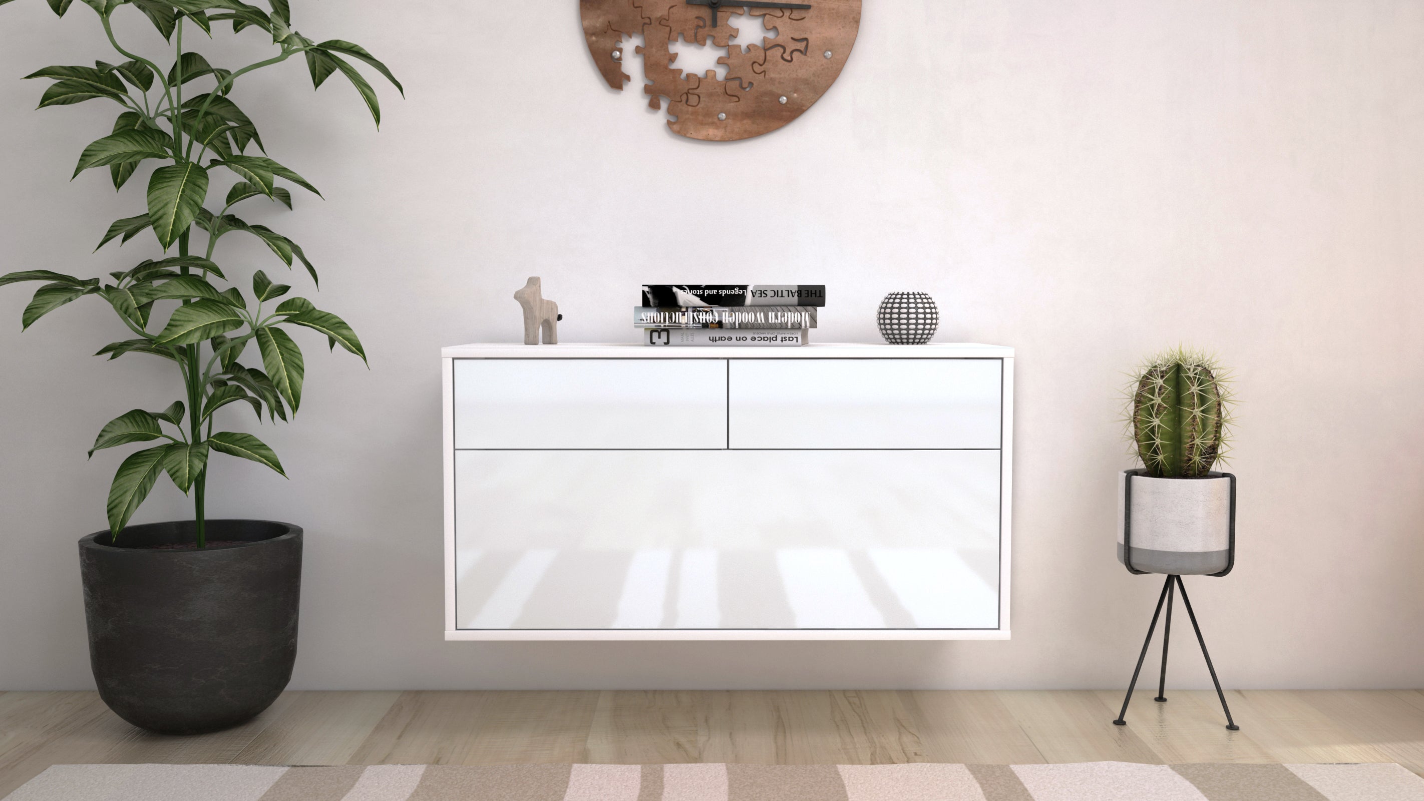 Lowboard - Agnese - Design Hochglanz - Wandmontage mit Push to Open 92 cm Weiss