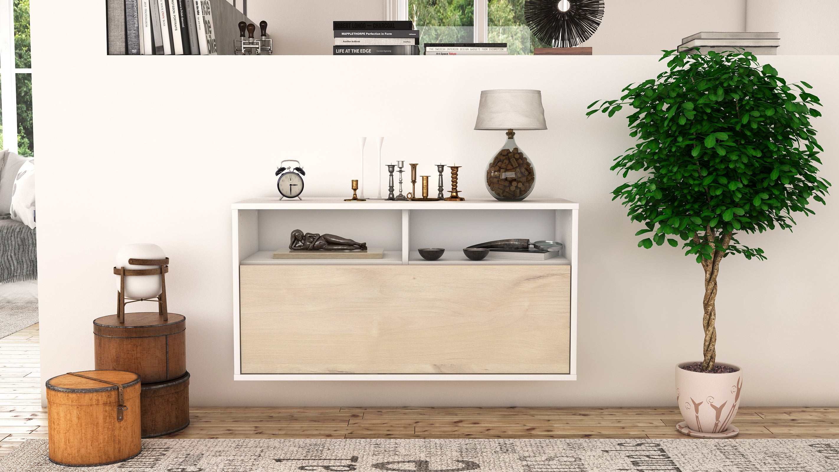 Lowboard - Agostina - Design Holzdekor - Wandmontage mit Push to Open 92 cm Weiss