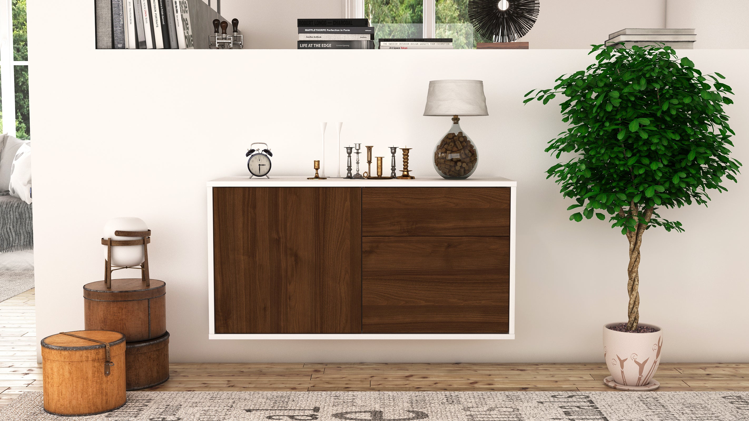 Lowboard - Aja - Design Holzdekor - Wandmontage mit Push to Open 92 cm Weiss