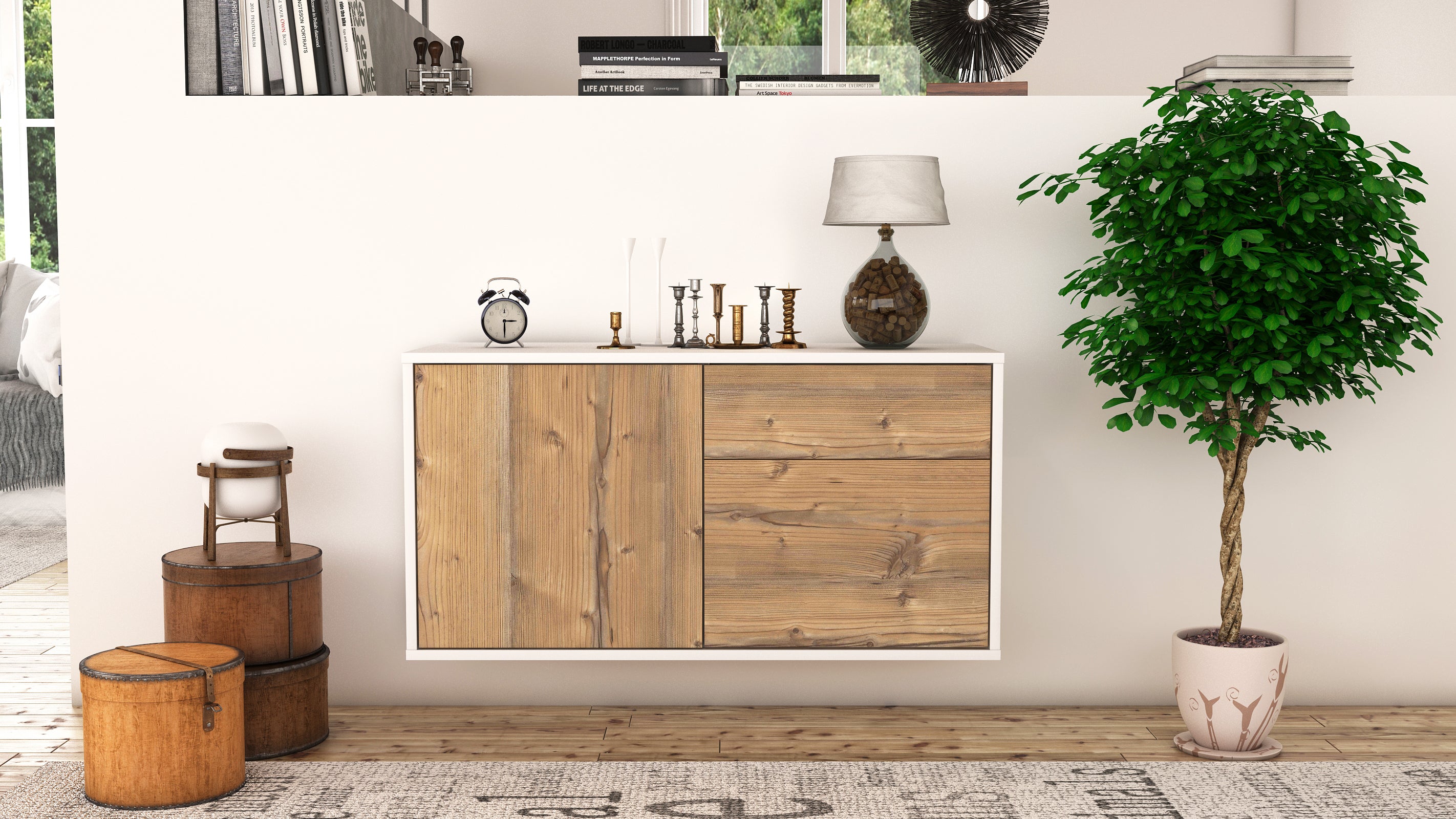 Lowboard - Aja - Design Holzdekor - Wandmontage mit Push to Open 92 cm Weiss