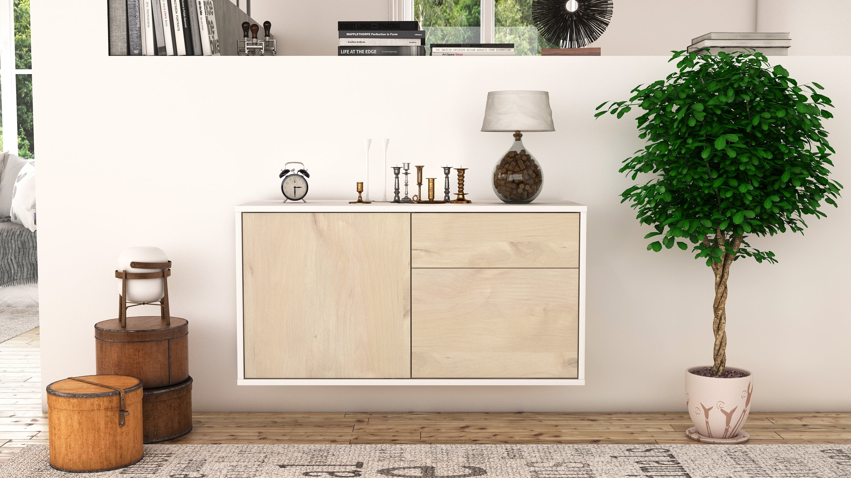 Lowboard - Aja - Design Holzdekor - Wandmontage mit Push to Open 92 cm Weiss