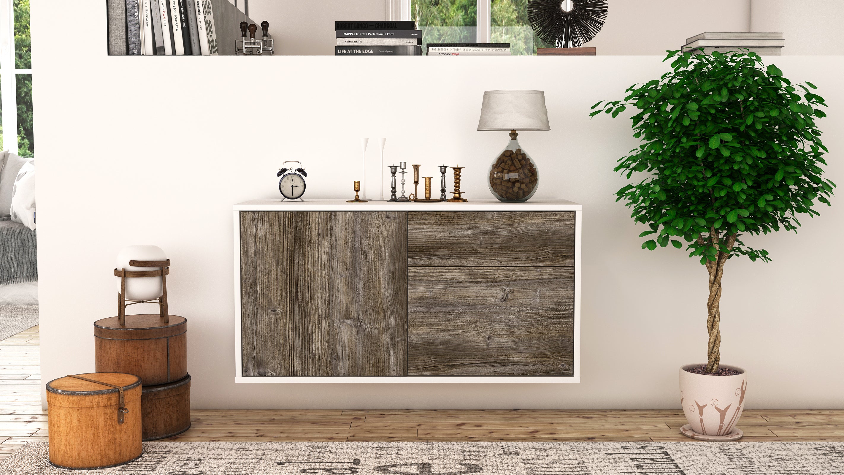 Lowboard - Aja - Design Holzdekor - Wandmontage mit Push to Open 92 cm Weiss