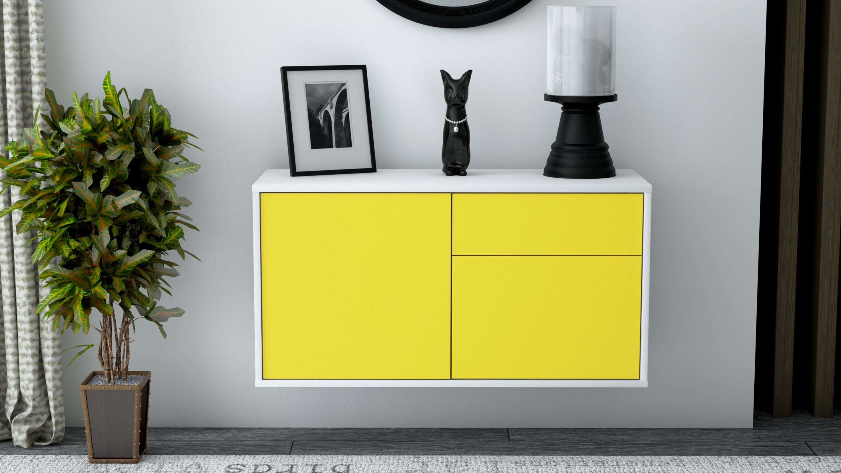 Lowboard - Aja - Design Farbakzent - Wandmontage mit Push to Open 92 cm Weiss