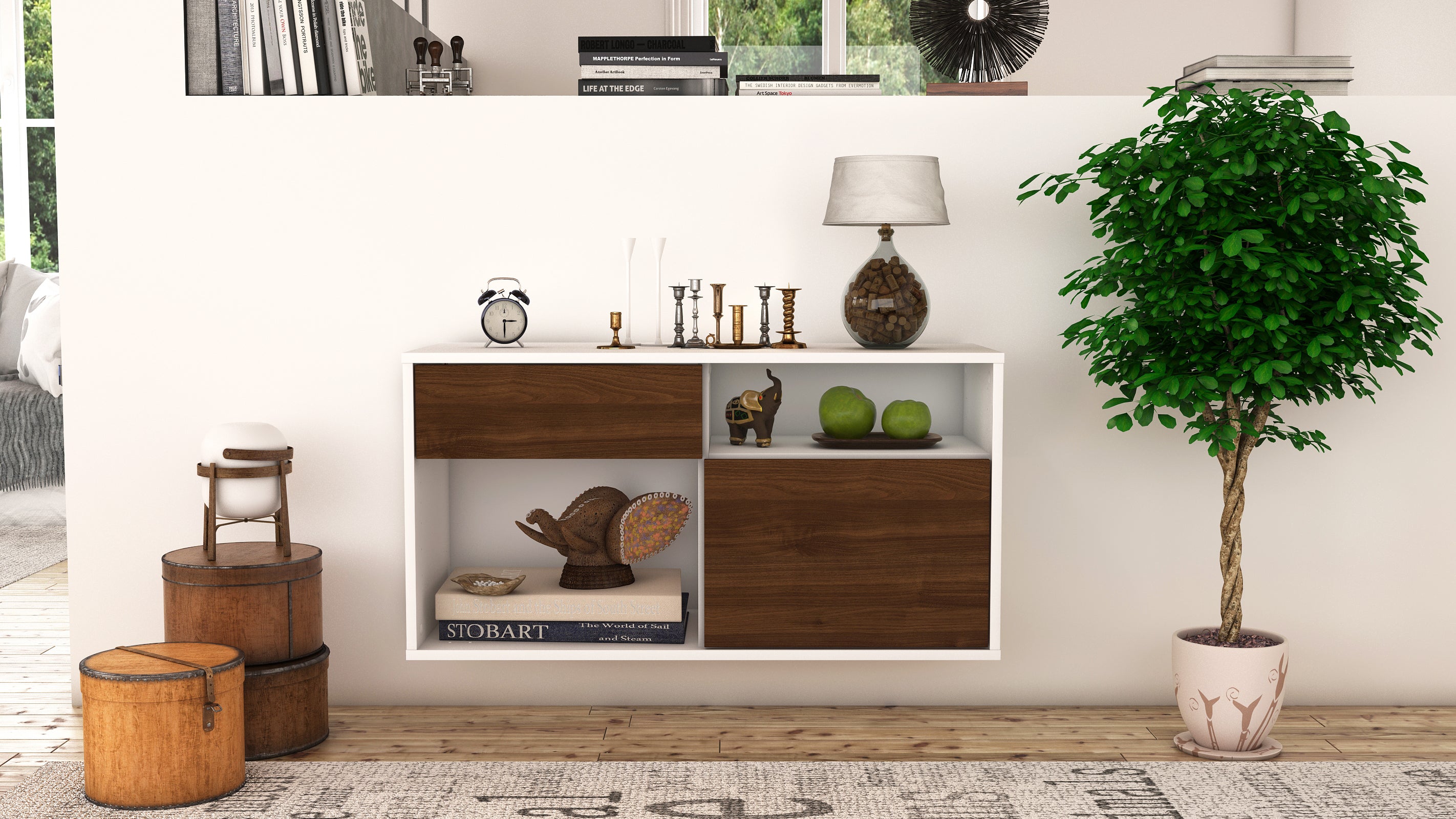 Lowboard - Albina - Design Holzdekor - Wandmontage mit Push to Open 92 cm Weiss