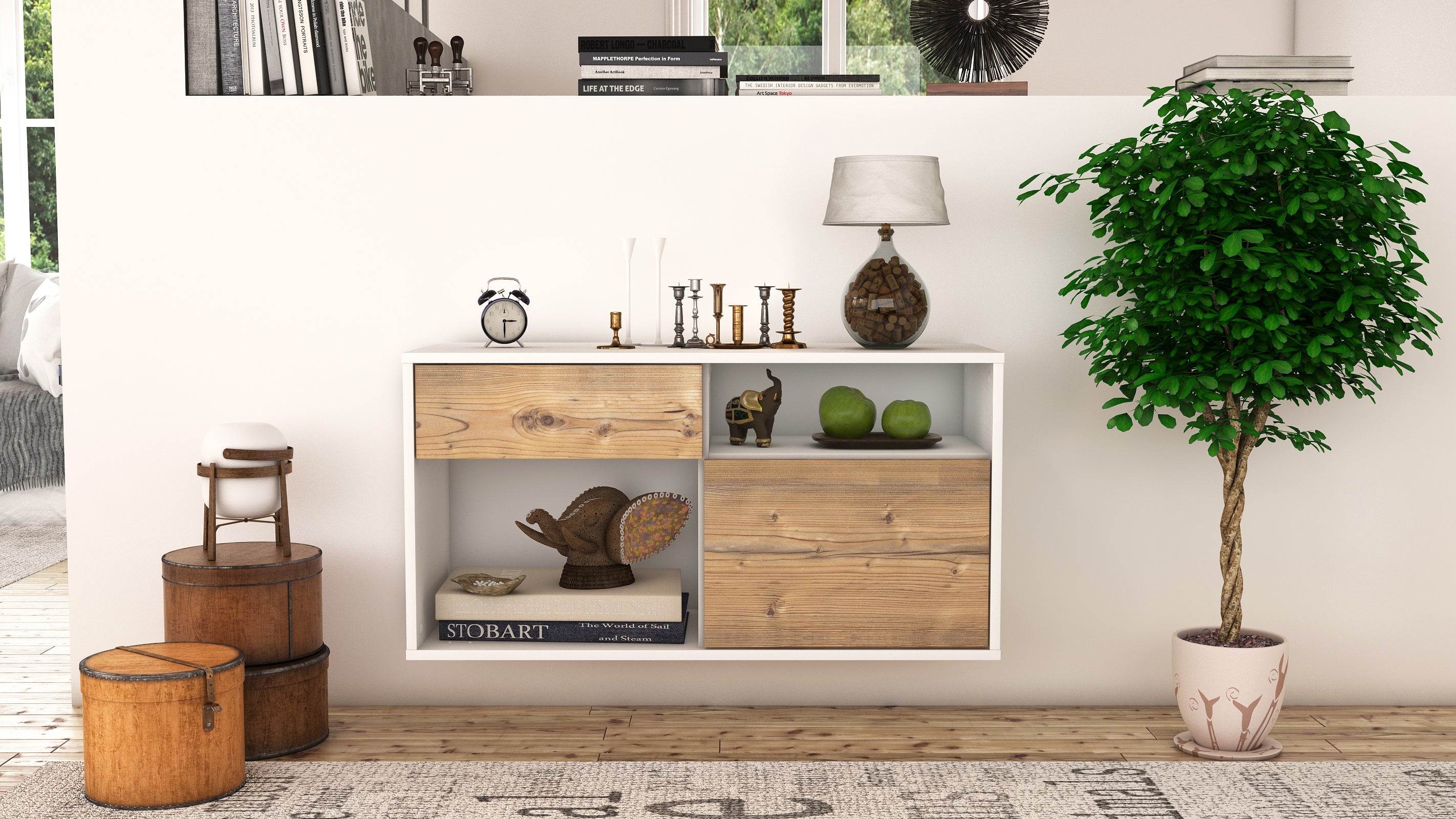 Lowboard - Albina - Design Holzdekor - Wandmontage mit Push to Open 92 cm Weiss