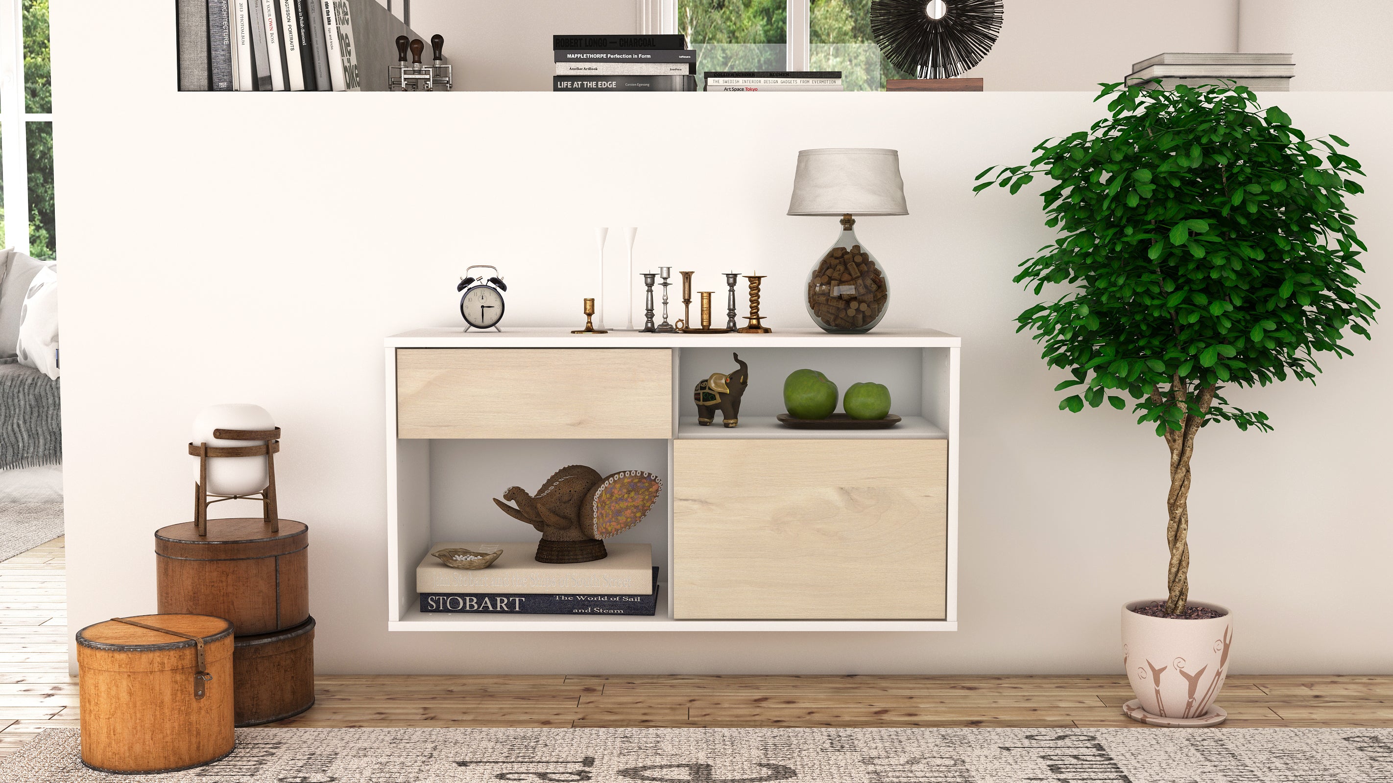 Lowboard - Albina - Design Holzdekor - Wandmontage mit Push to Open 92 cm Weiss