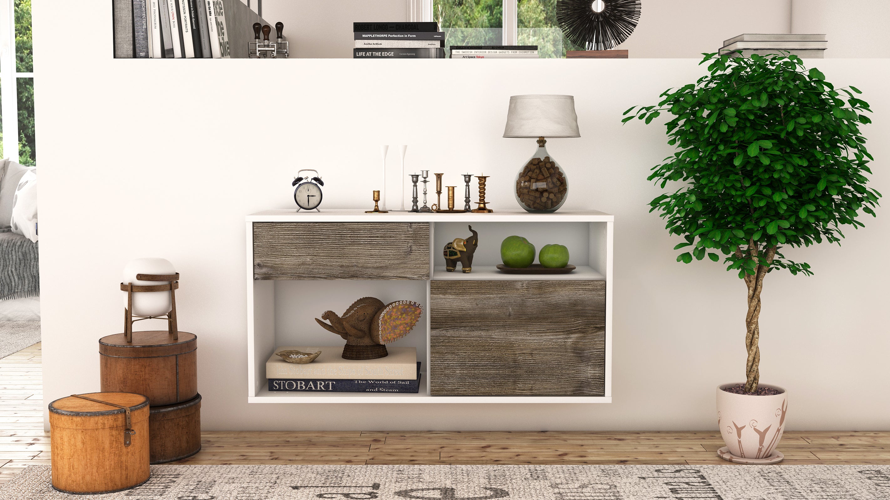 Lowboard - Albina - Design Holzdekor - Wandmontage mit Push to Open 92 cm Weiss